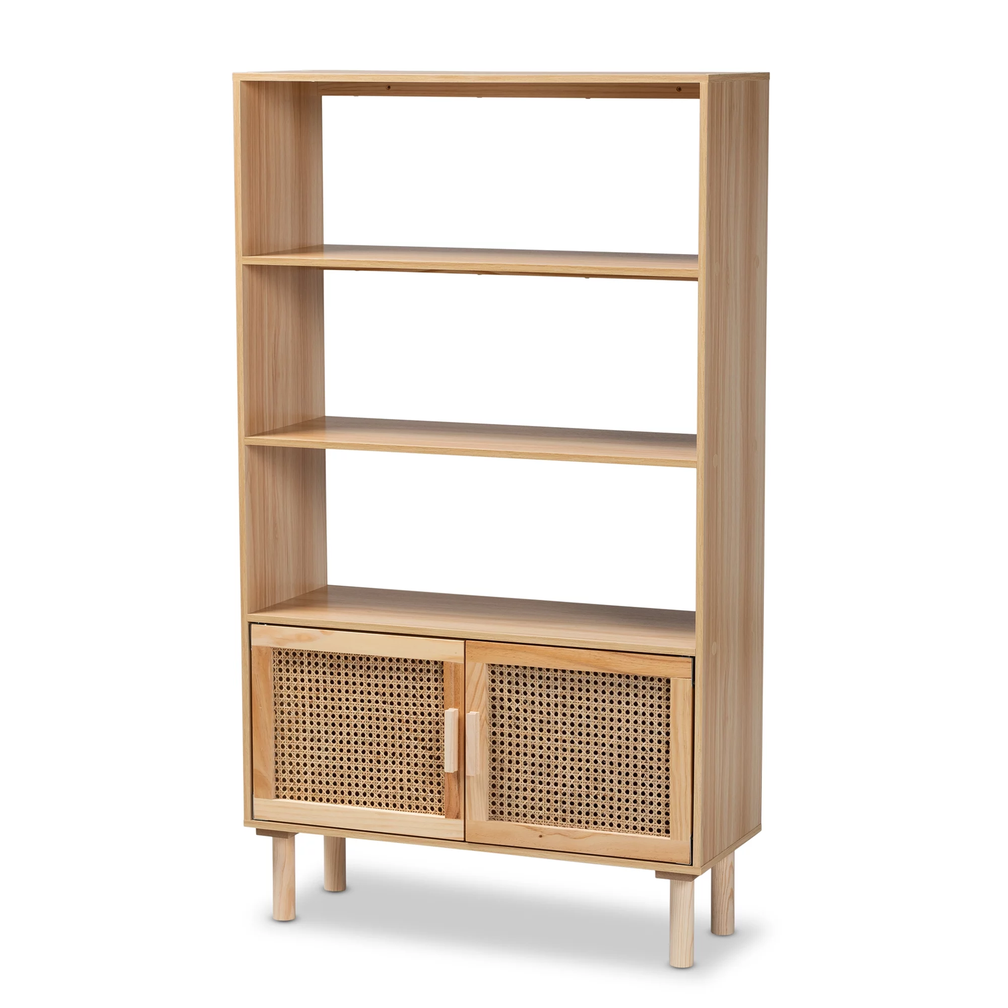 Baxton Studio Faulkner Mid-Century Modern Natural Brown Finished Wood and Rattan 2-Door Bookcase