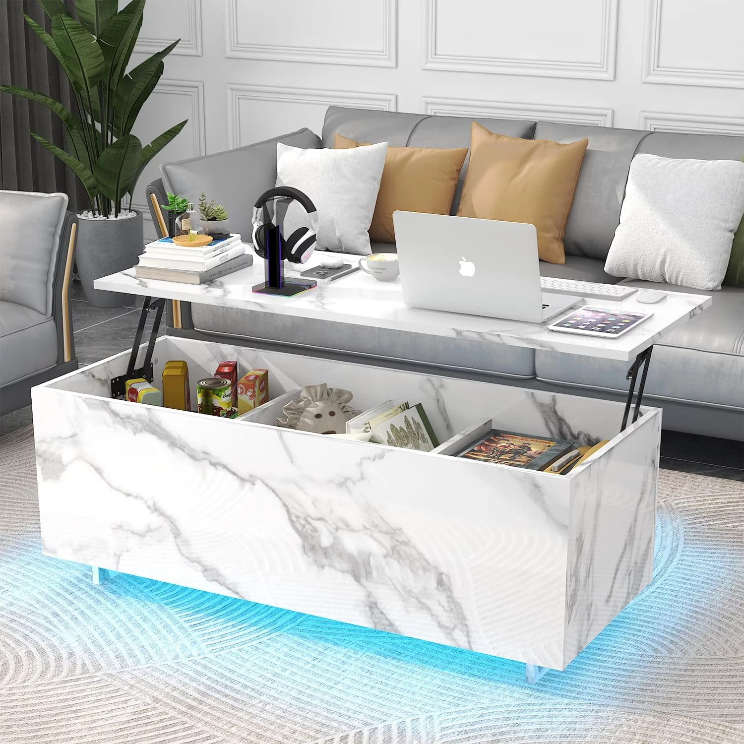 ChVans LED Lift Top Coffee Table with Storage, High Gloss Rectangle Center Tea Table Desk White Hidden Storage Rising Dining Tables for Living Room, White Marble