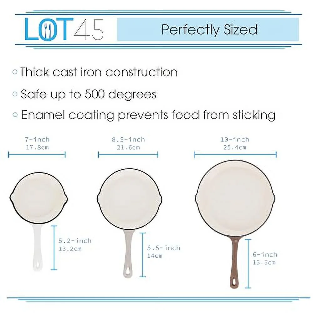 Lot45 Enameled Cast Iron Cookware Set - 3 Piece Non-Stick Ceramic Coated Cast Iron Skillets Stove and Oven Safe Pan Set for Cooking - Heavy Duty Easy Care Glazed Cast Iron