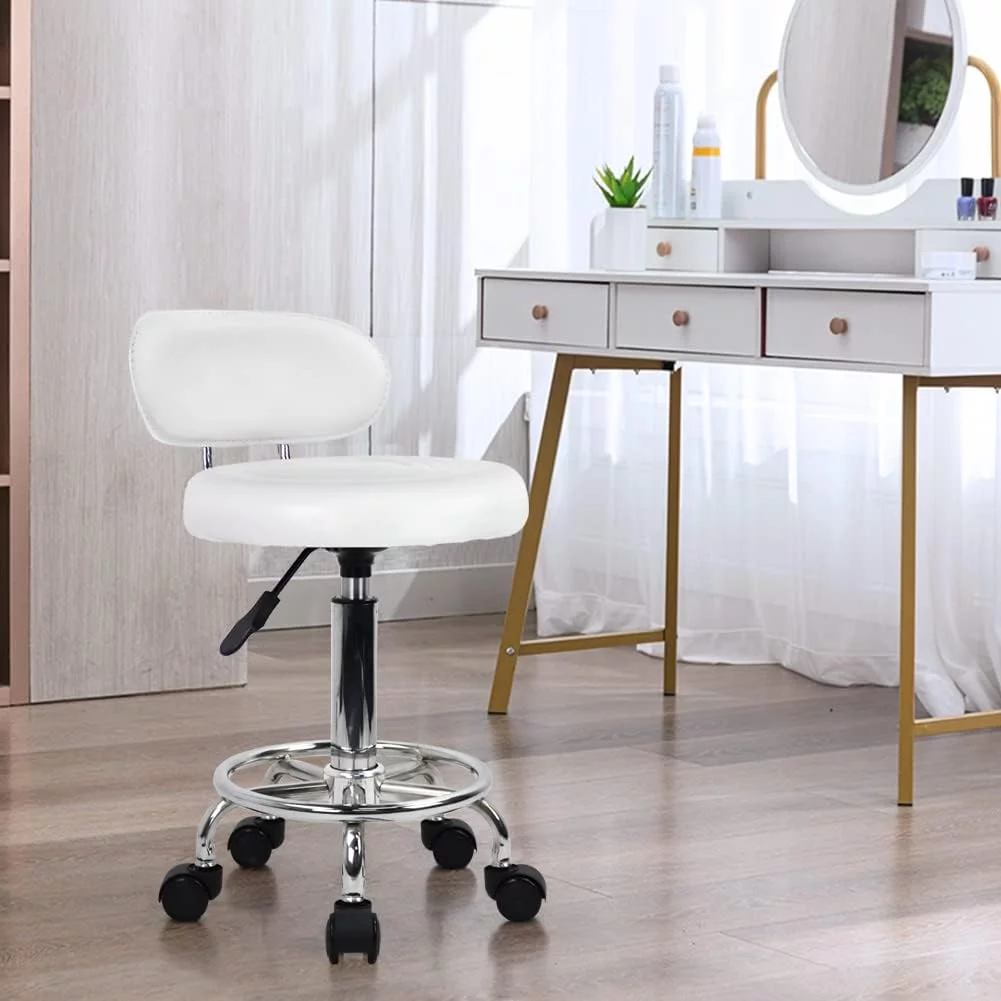 Youngshion PU Leather Modern Rolling Stool with Low Back Height Adjustable Work Salon Drafting Swivel Task Chair with Footrest White