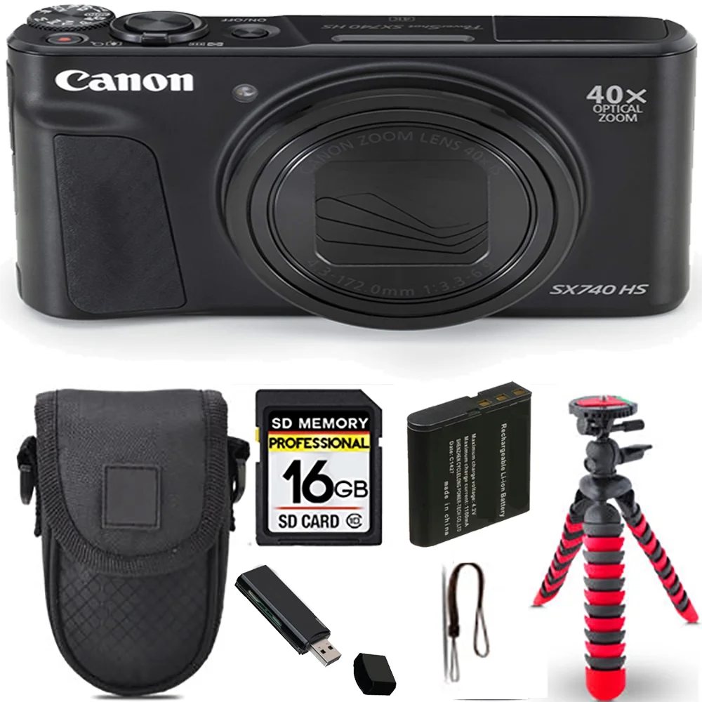 Canon PowerShot SX740 HS Digital Camera (Black)+ Spider Tripod + Case - 16GB Kit