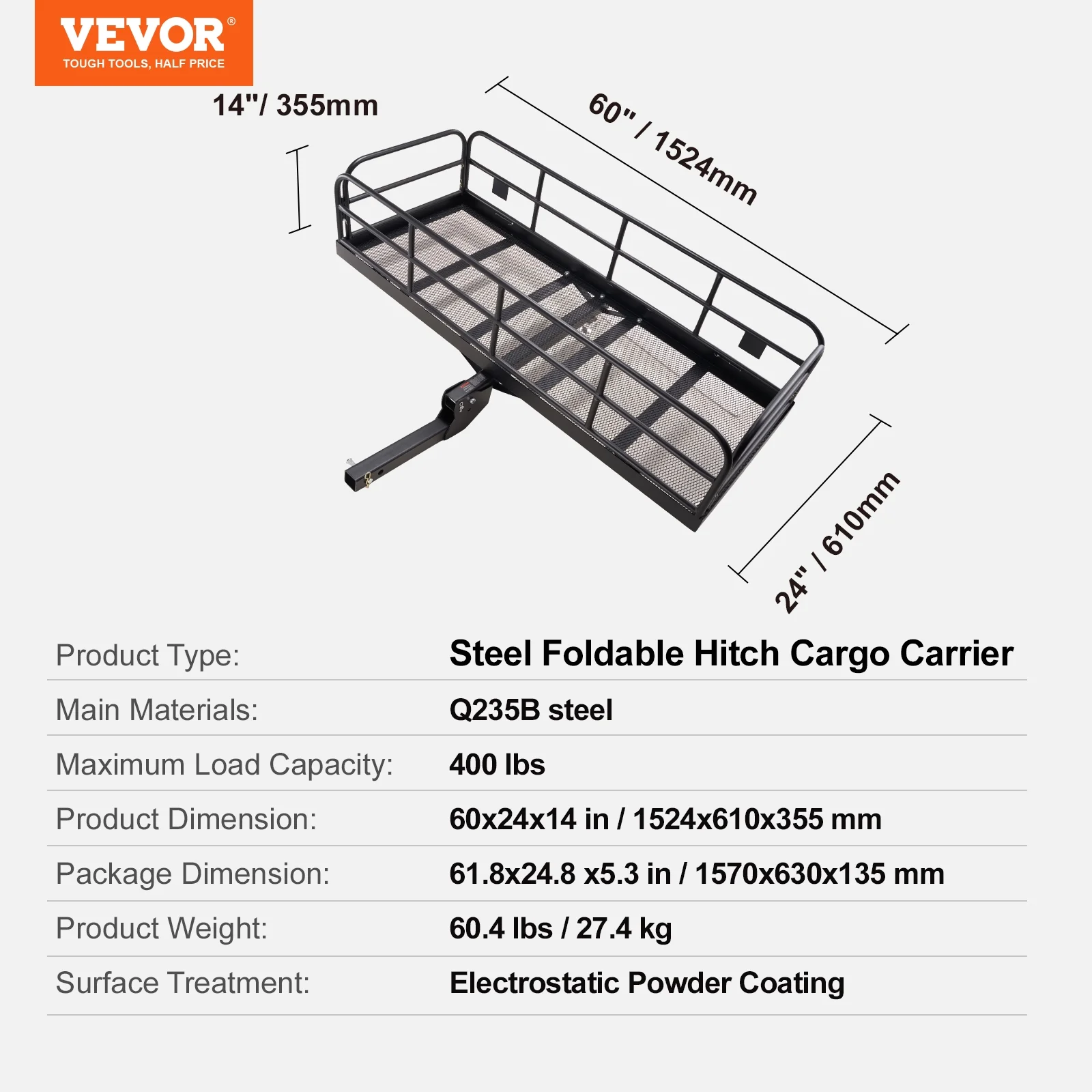 SKYSHALO 60x24x14in Hitch Mount Cargo Carrier 400lb & Stabilizer Fits 2