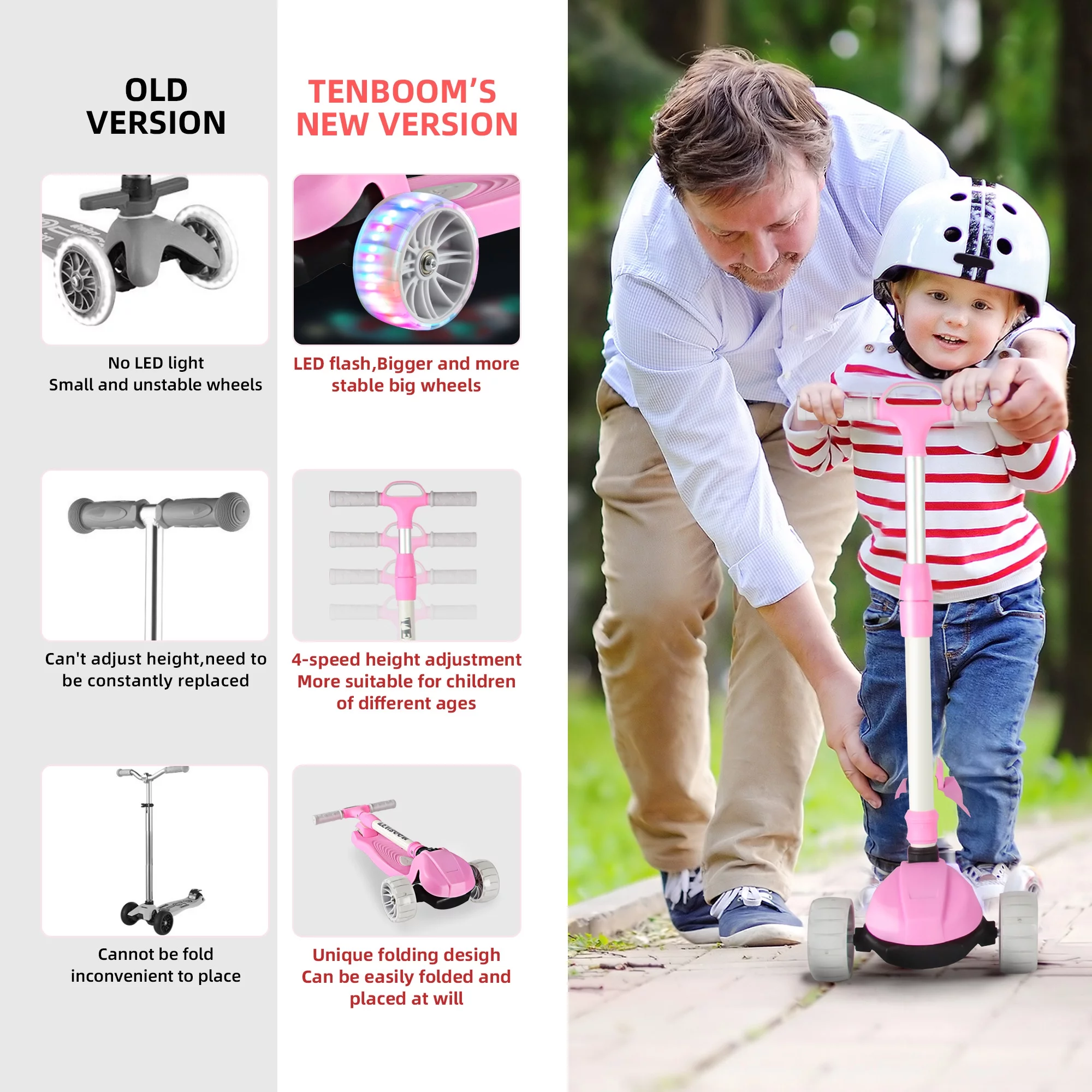 JOINATRE 3 Wheels Light Up Kick Scooter for Kids Age 3-12, Kids Scooter with Extra Wide Deck Pu Wheels for Kids with 4 Adjustable Heights, Lean to Steer, Gifts for Boys or Girls, Pink