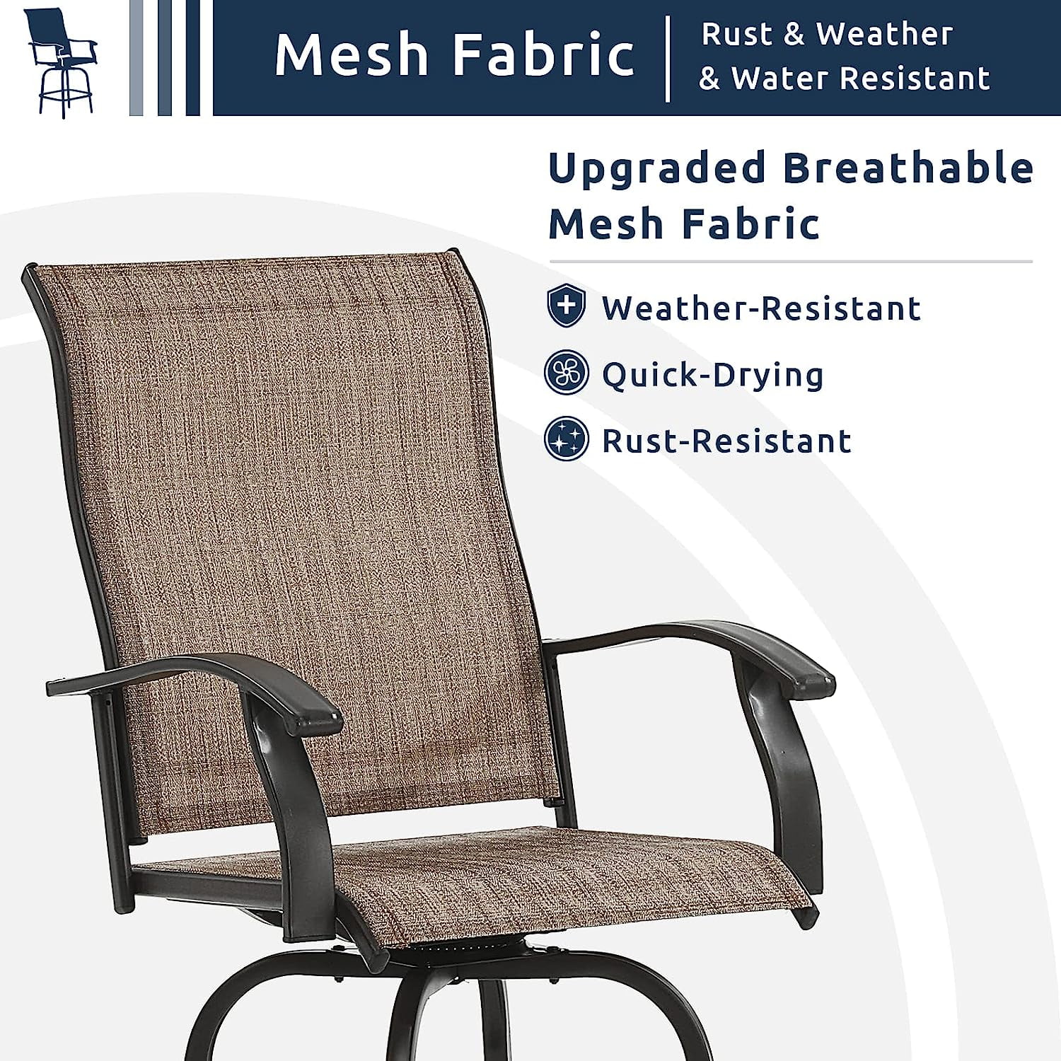 UDPATIO Patio Swivel Bar Stools Chair of 6, Outdoor Bar Heigt Set, All Weather High Back and Armrest Rocking Stools & Bar Chairs for Backyard, Lawn Garden, Balcony and Pool, Brown