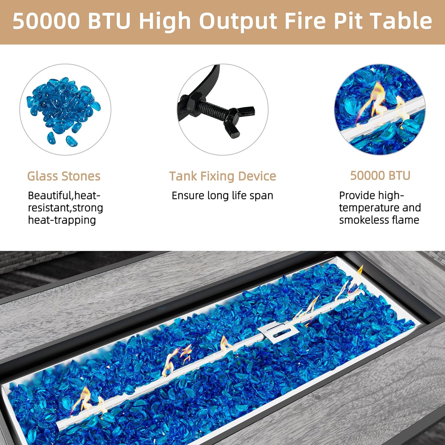 Outdoor Propane Fire Pit Table 45 Inch with Lid, 50,000 BTU Gas Fire Pits for Outside Patio with Glass Wind Guard,Clear Blue Glass Rocks,Waterproof Cover, Gray