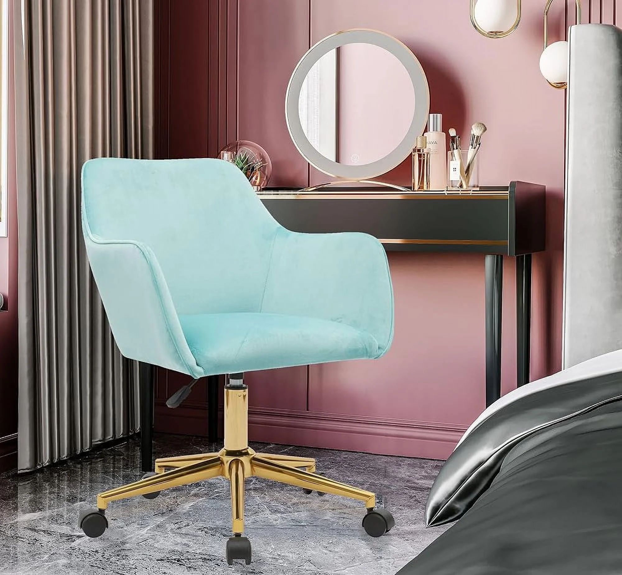 ZFGSUIJN Modern Faux Fur Desk Chair  Faux Fur Home Office Chair  Adjustable Swivel Vanity  Chair  Furry Chair for Girls   Vanity Chair  Room Bedroom Dressing Room (Pink)