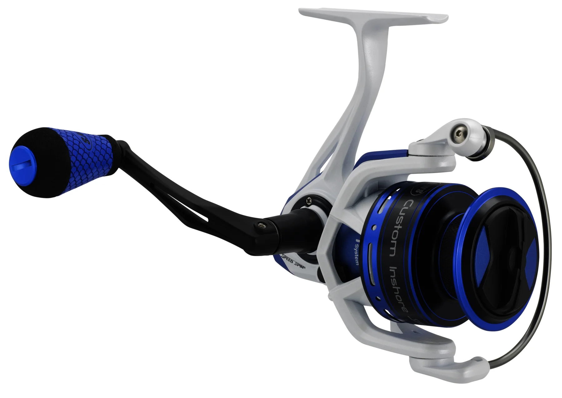 Lew's Custom Inshore Speed Spin Spinning Fishing Reel, Size 300 Reel, Blue/White