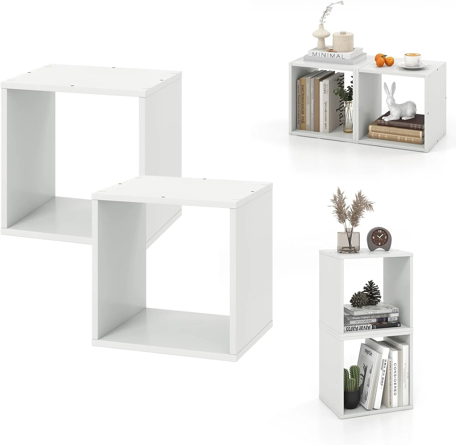 2 Cube Bookshelf Organizer, 2-Tier Stackable Cube Storage Organizer, Small Wooden Open Book Shelf with Anti-toppling Device, Wood Floor Standing Display Shelving Bookcase, White