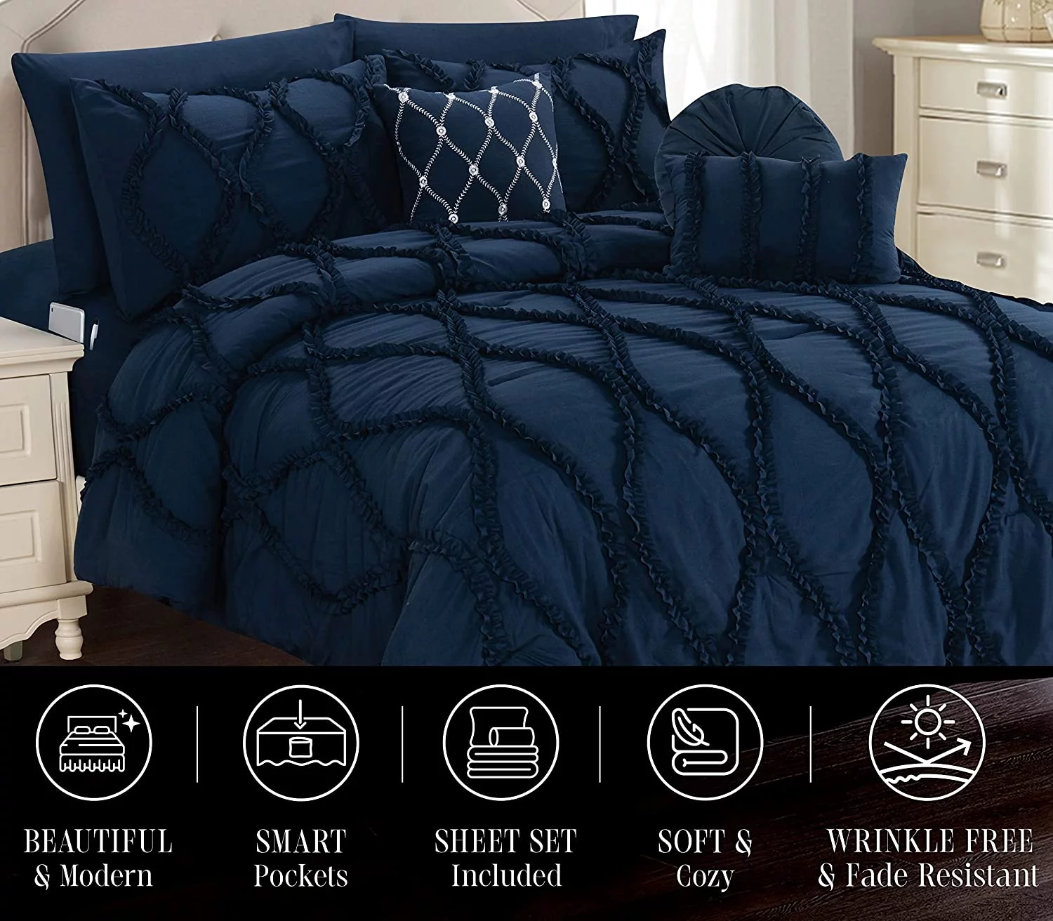 OUWI 10pc Bed-in-a-Bag Infinity Design Comforter Set, Ultra Soft Bed Set Featuring Decorative Pillows and Fitted Sheet with Storage Pockets, Infinity Comforter, Full/Queen, Midnight Navy