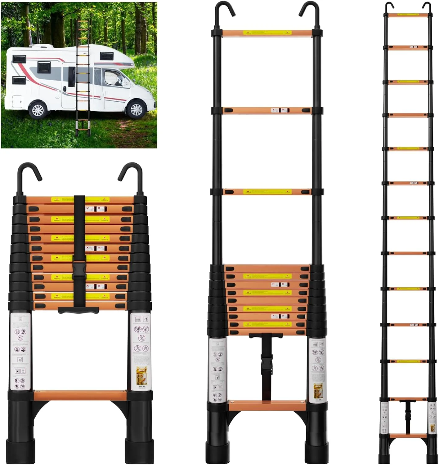 EvaStar 12.5FT Telescoping Ladder, Aluminum Lightweight Extension Ladder w/Hooks & Stabilizers, 330lbs Capacity Collapsible Ladders, Extension Telescopic Ladder for Home, Outdoor, RV - Orange & Black
