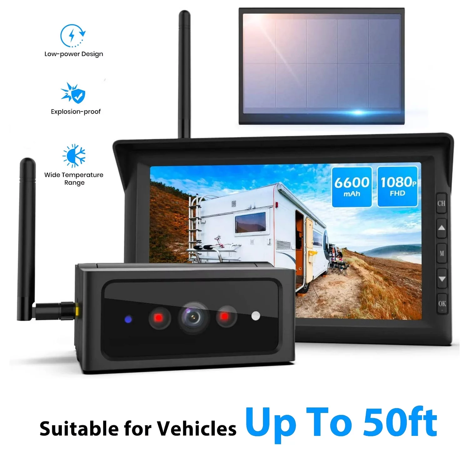 Auto-Vox Solar Wireless Backup Camera for Trucks, RV Wireless Security Back Up Camera Systems with 7'' Monitor 2 Channel Camera HD Reverse Trailer Camera(Solar4)
