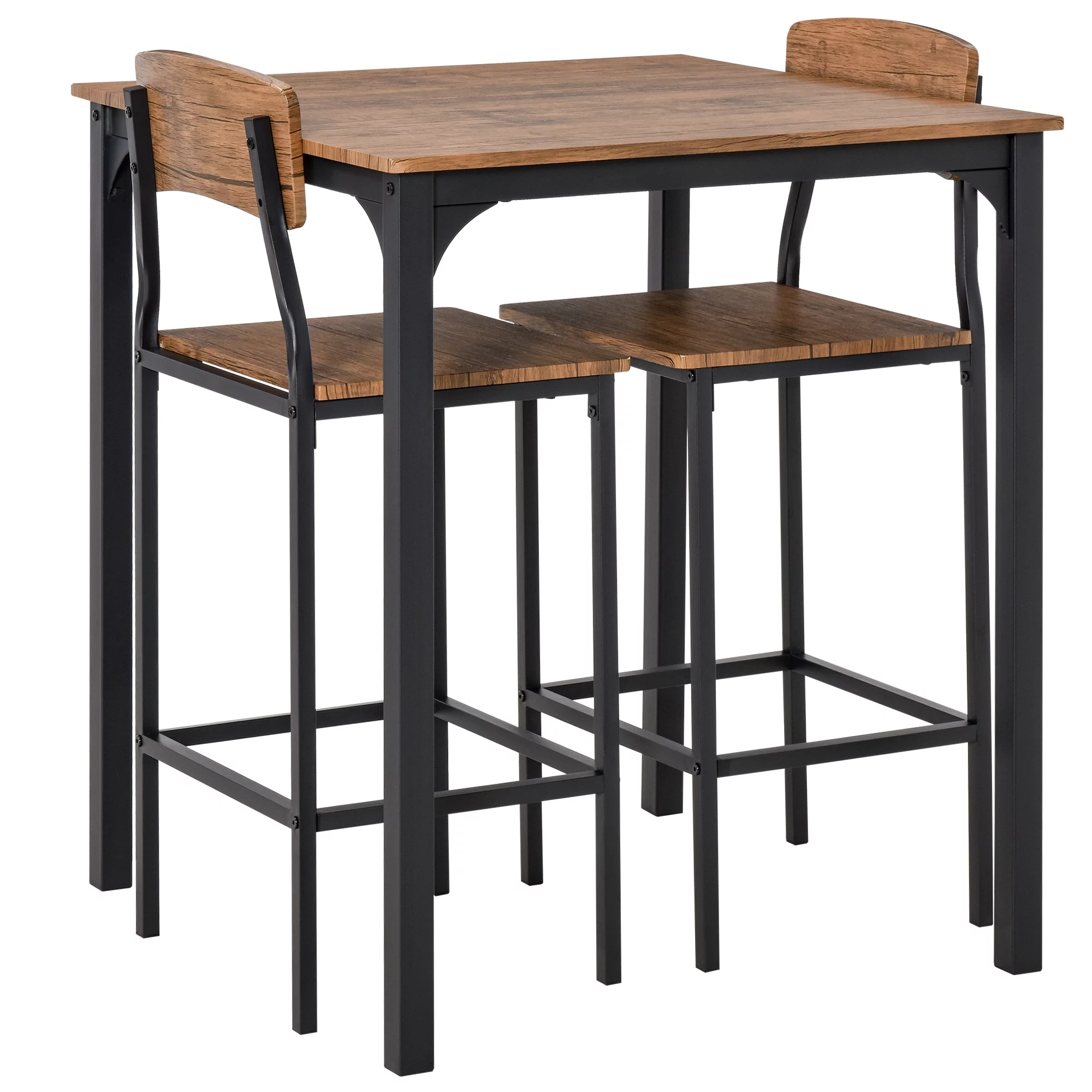 Homiyad 3 Piece Bar Table Set, Industrial Counter Height Dining Table Set, Bar Table & Chairs with Steel Legs & Footrests, Black
