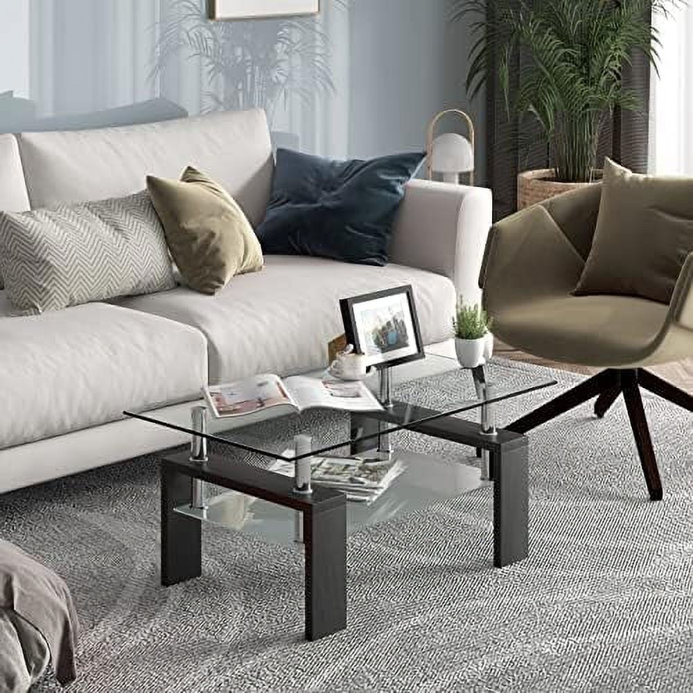 JDZHAPPYLIFE Rectangle Glass Coffee Table  2-Tier Tea Table w/Tempered Glass Tabletop & Stainless Steel Tube  Modern Center  w/Wooden Legs & Lower   Glass End Table for Living Roo