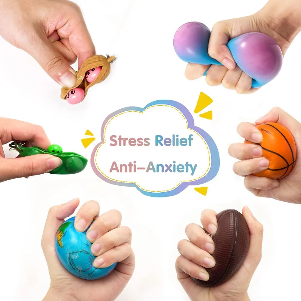 Sensory Toys Set, 34pcs Relieves Stress and Anxiety Fidget Toy for Children Adults, Hand Toys, Soybean Squeeze, Flippy Chain, Sensory Rings, Party Toys, Toy Gift with Storage Box