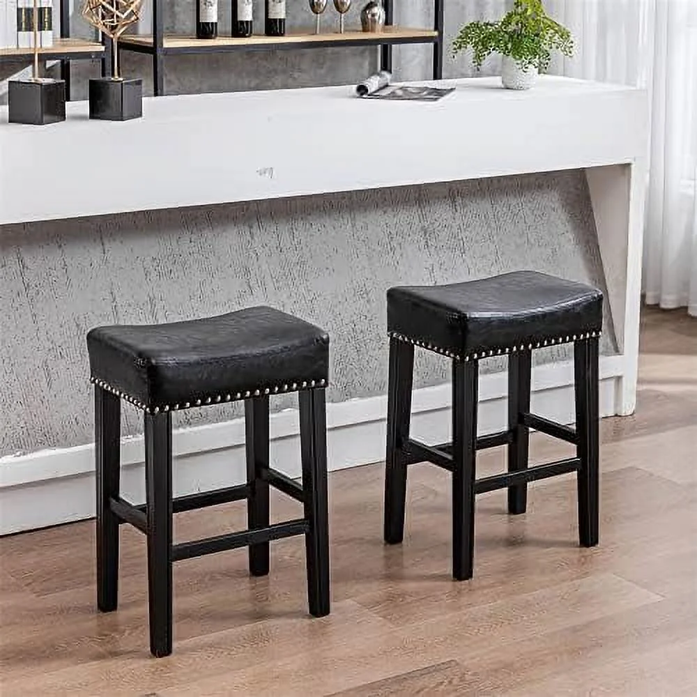 Stools Set of 2  26" Faux Leather Upholstered Counter Height Barstools with Nailhead Trims and Solid Wood Legs  Farmhouse Backless Dining Chairs Island Chairs with Footrest   Stool  B