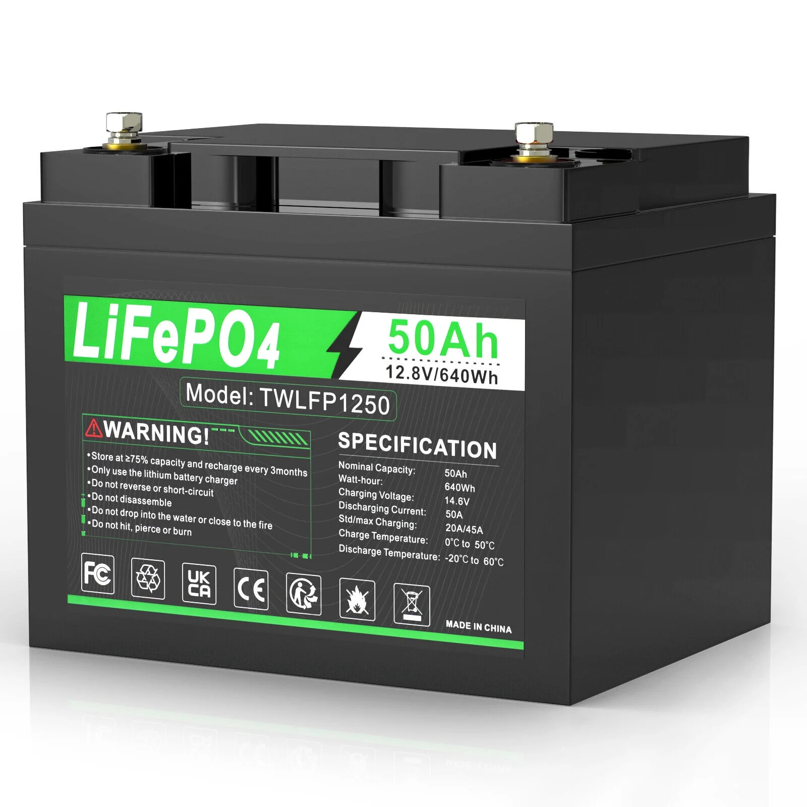 50Ah LiFePO4 Battery Deep Cycles 12V Lithium Ion for RV Outdoor Golf cart