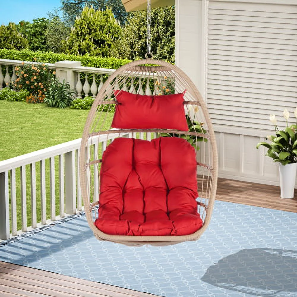 Qulable Outdoor Garden Rattan Egg Swing Chair Hanging Chair Wood+Red cushion WL
