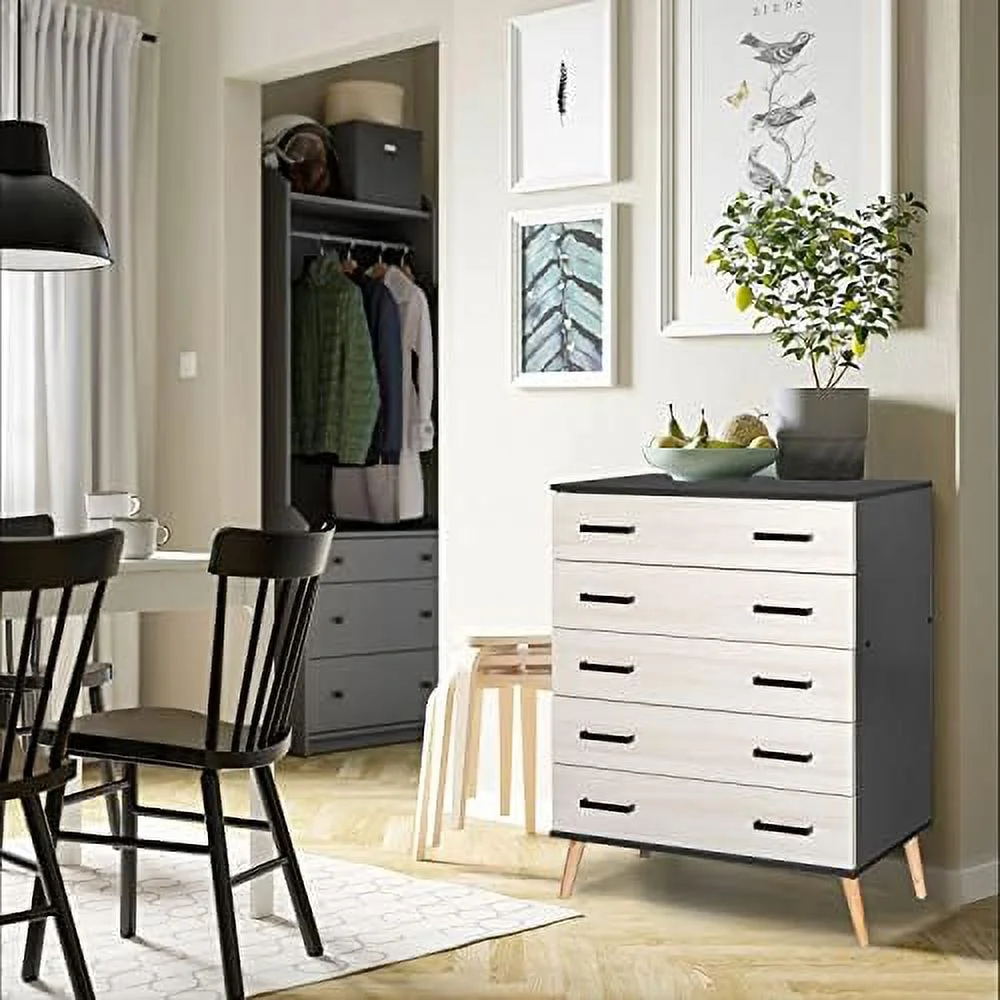 YFbiubiulife Eli Mid-Century Modern 5 Drawer Chest in White & Natural Oak