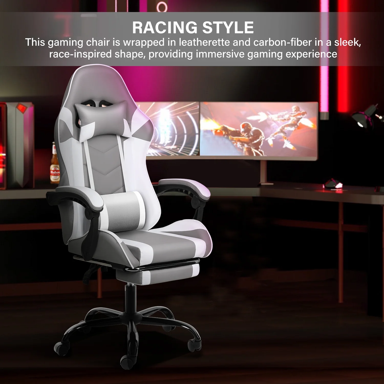 CoSoTower Racing Video Backrest and Seat Height Recliner Gaming Office High Back Computer Ergonomic Adjustable Swivel Chair, with Footrest, Grey/White