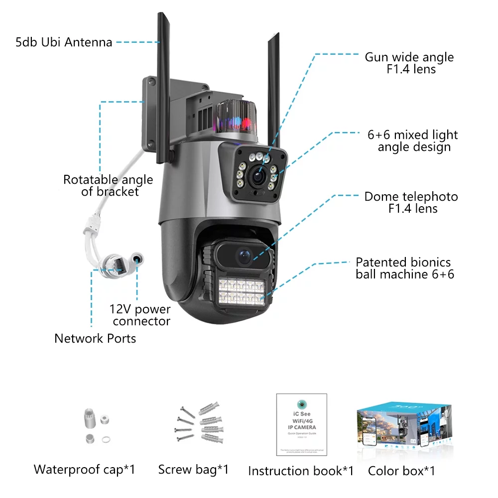 Dual Lens Security Camera,DFITO Wi-Fi Home Surveillance Cameras Outdoor 360° View, 2-Way Audio Night Vision, Waterproof