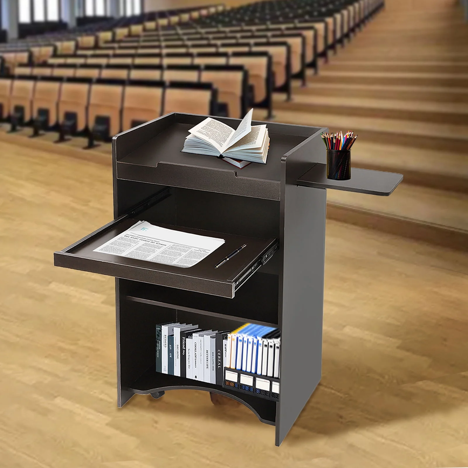 Wuzstar Mobile Floor Standing Lectern Wooden Black Podium with Side Shelf And Keyboard Tray