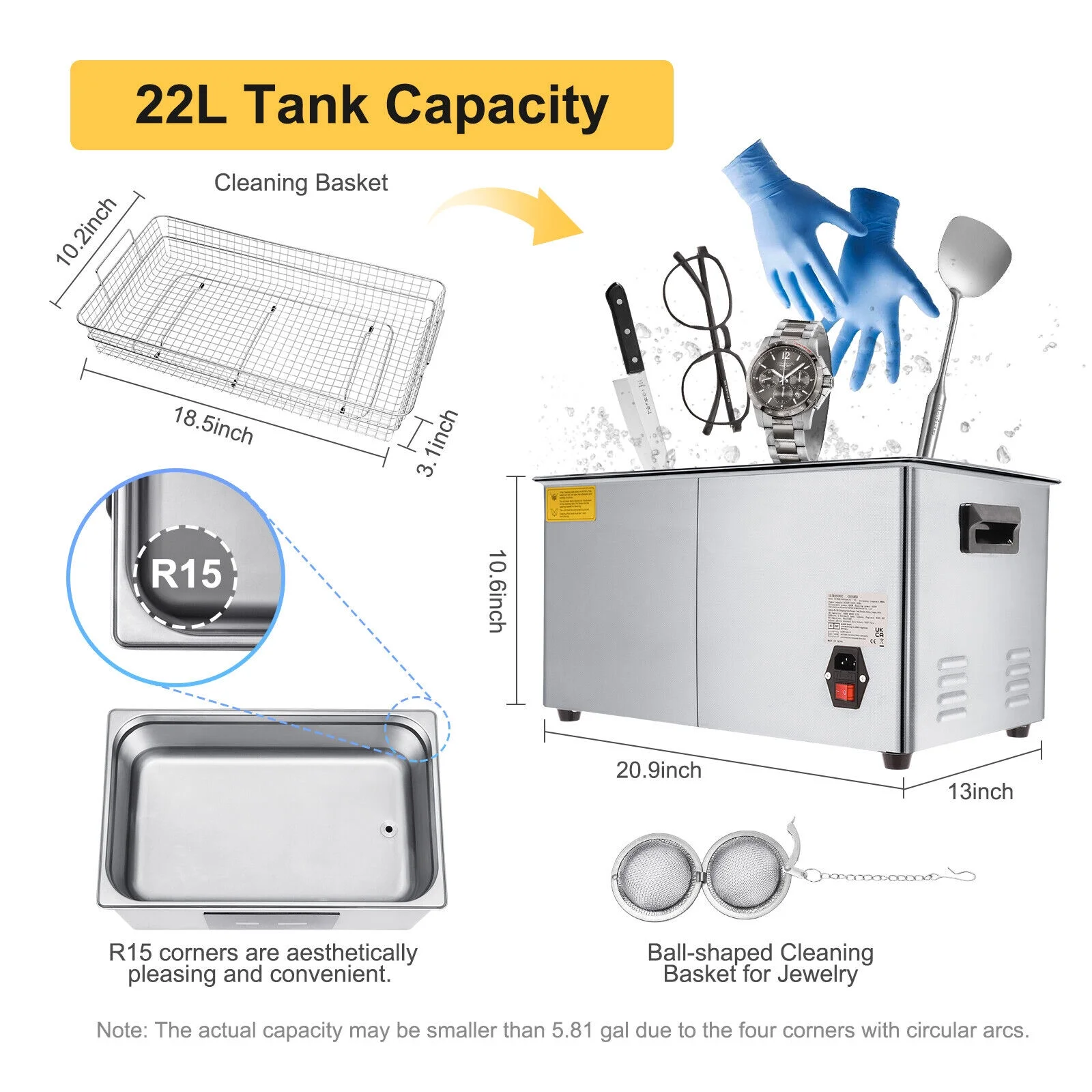 Commercial 10L 22L Ultrasonic Cleaner Industry Double Frequency Jewelry Glasses 0-80℃/0-176℉