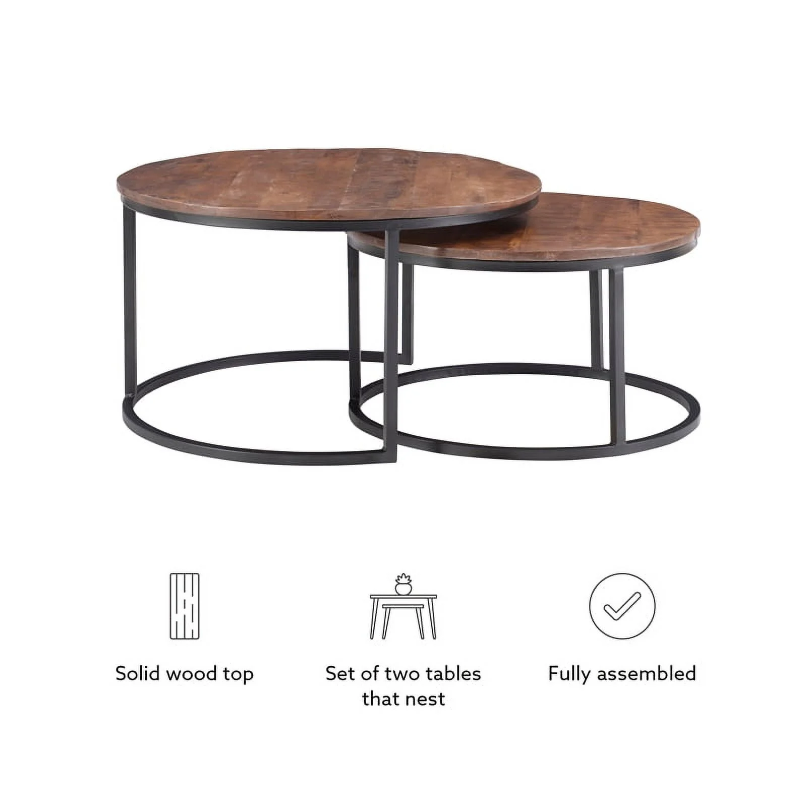 Linon Mina Round Wood Nesting Coffee Tables (Set of 2) in Black Matte Iron