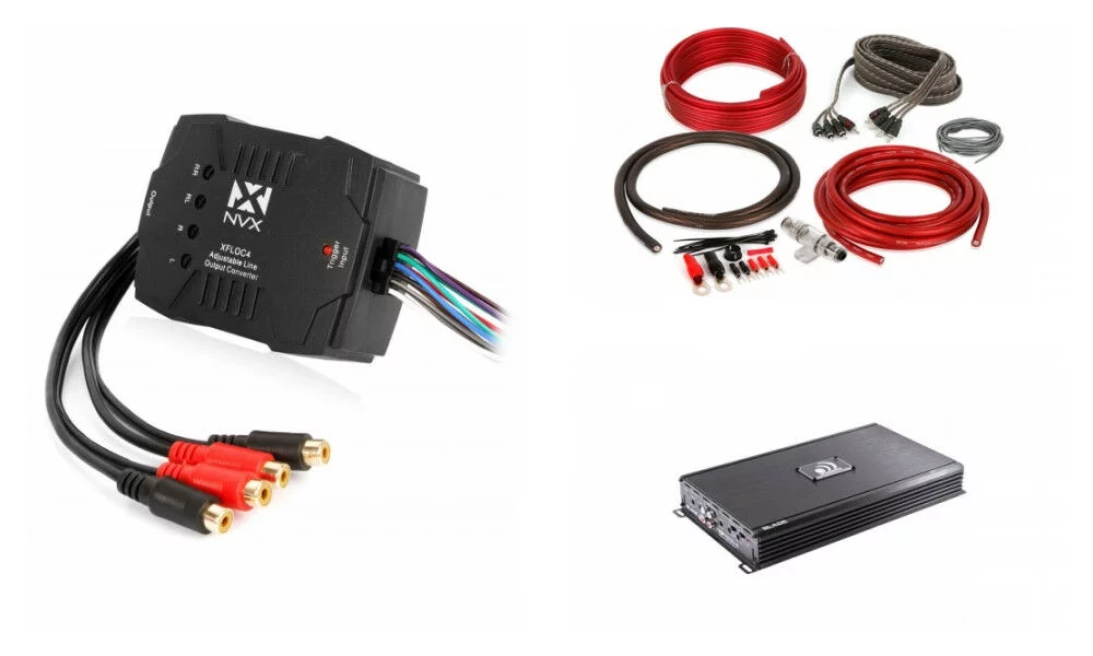 Massive Audio BP1000.4 v2 1000W Max 4-Channel 2 ohm Stable Amplifier + NVX XFLOC4 Line-Output-Converter + 4 Gauge Amp Kit