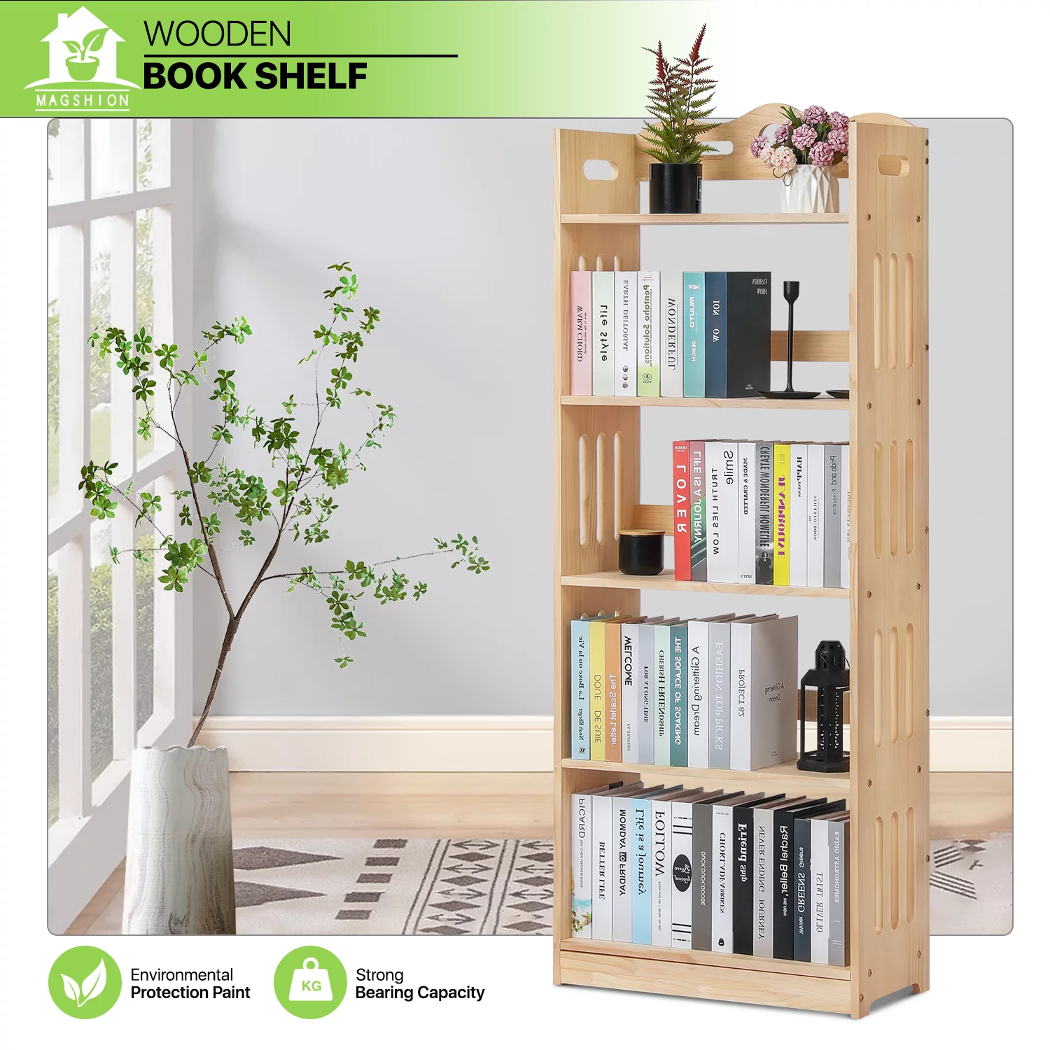 Magshion Wood 5 Tiers Bookshelf, Heavy Duty Bookcase, Storage Shelf Stand, Natural, for Home