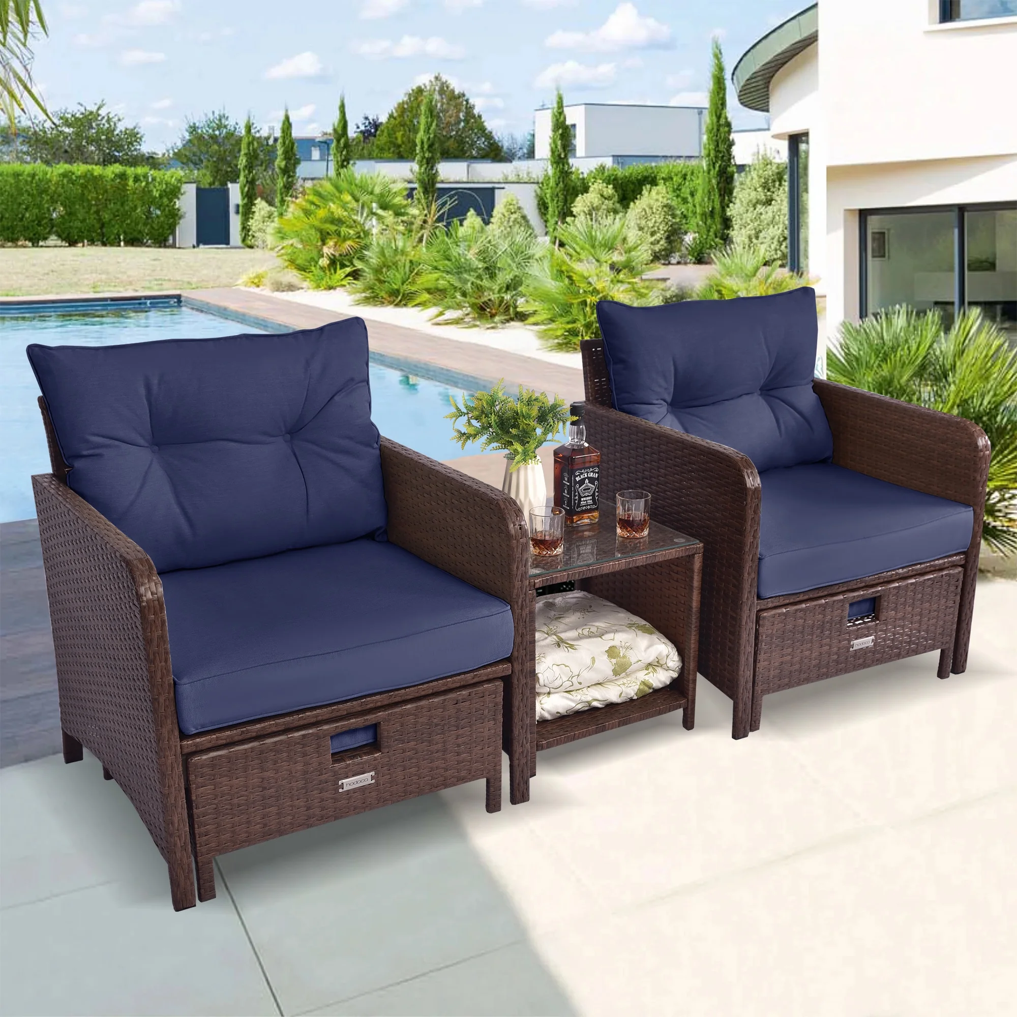 Superjoe 5 Pcs Wicker Patio Furniture Set All Weather Patio Conversation Set with Chairs and Coffee Table, Caret and Blue