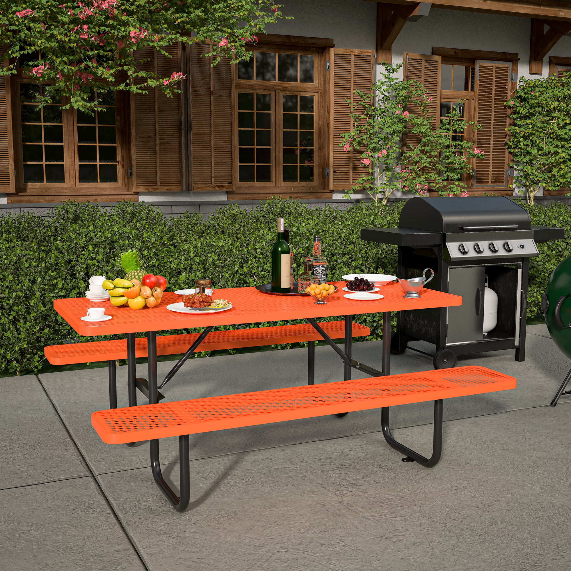 Gxcevsou 72'' Steel Rectangular Picnic Table for Outdoors, Expanded, Lifetime Picnic Table with Umbrella Hole, Heavy Duty Sturdy Commercial Picnic Tables for Garden Courtyard BBQ, Orange