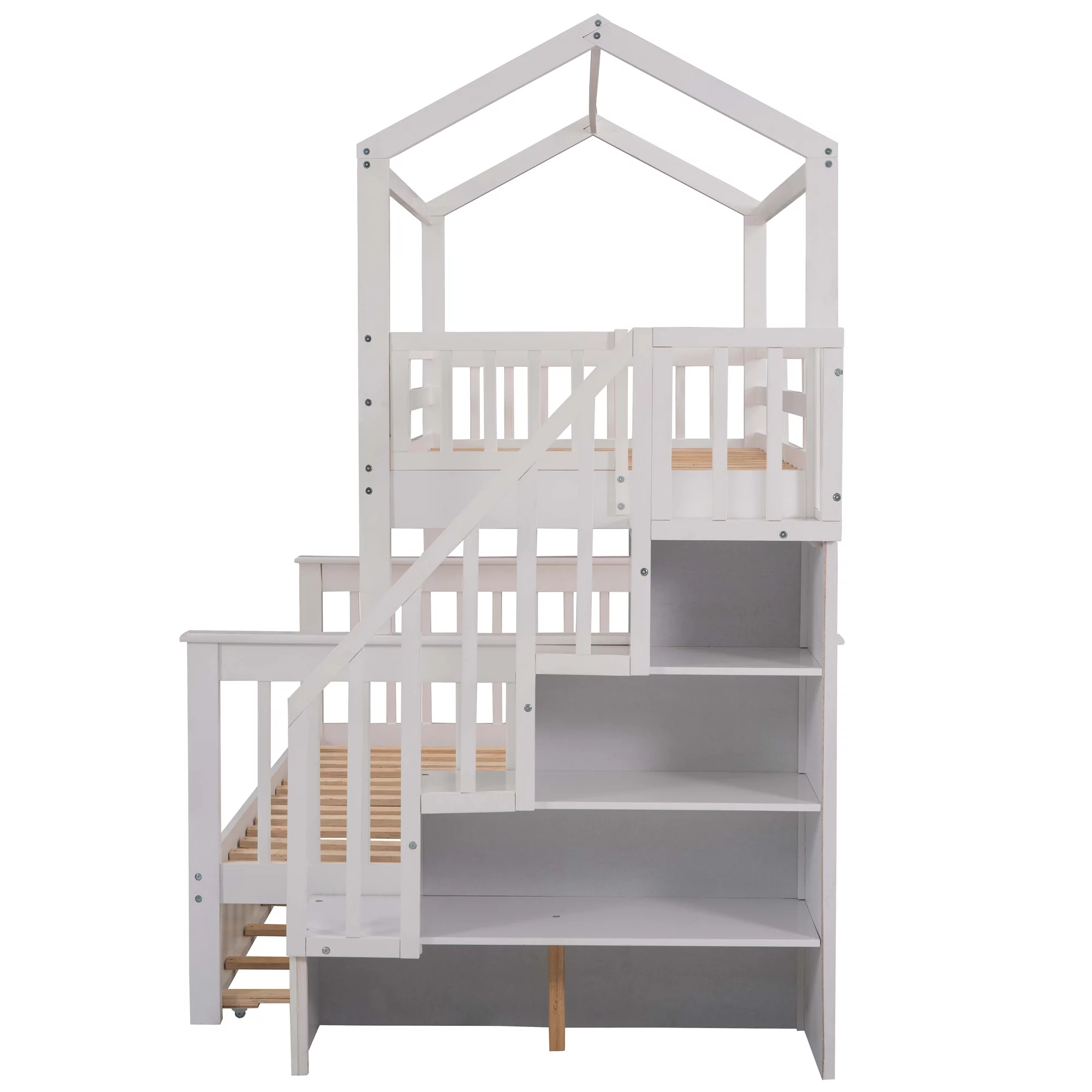 EUROCO Twin over Full House Bunk Bed with Trundle and Staircase, White