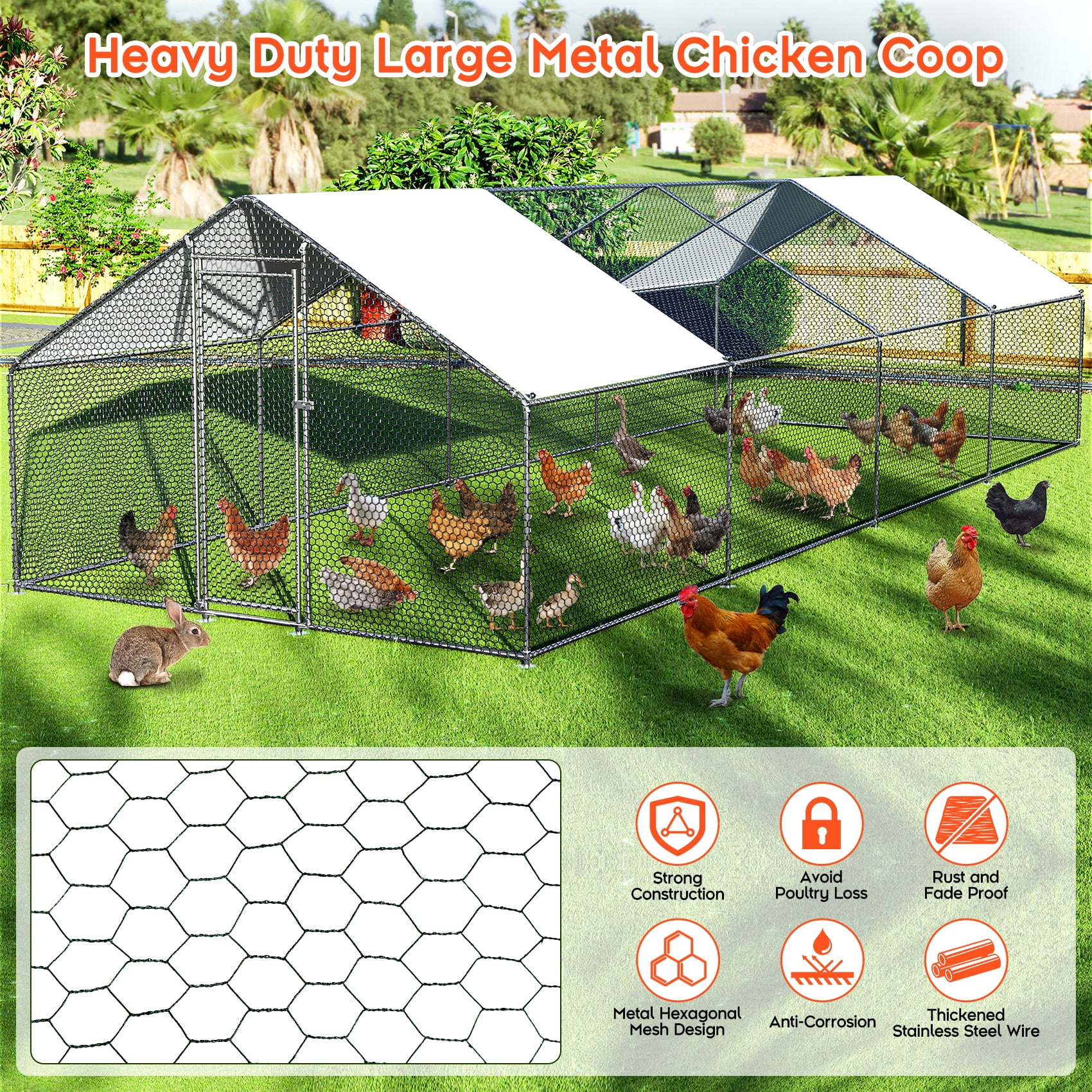 TC-HOMENY 27x10ft Large Walk in Chicken Coop Backyard or Farm Chicken Pen Pets Run House Poultry Cage