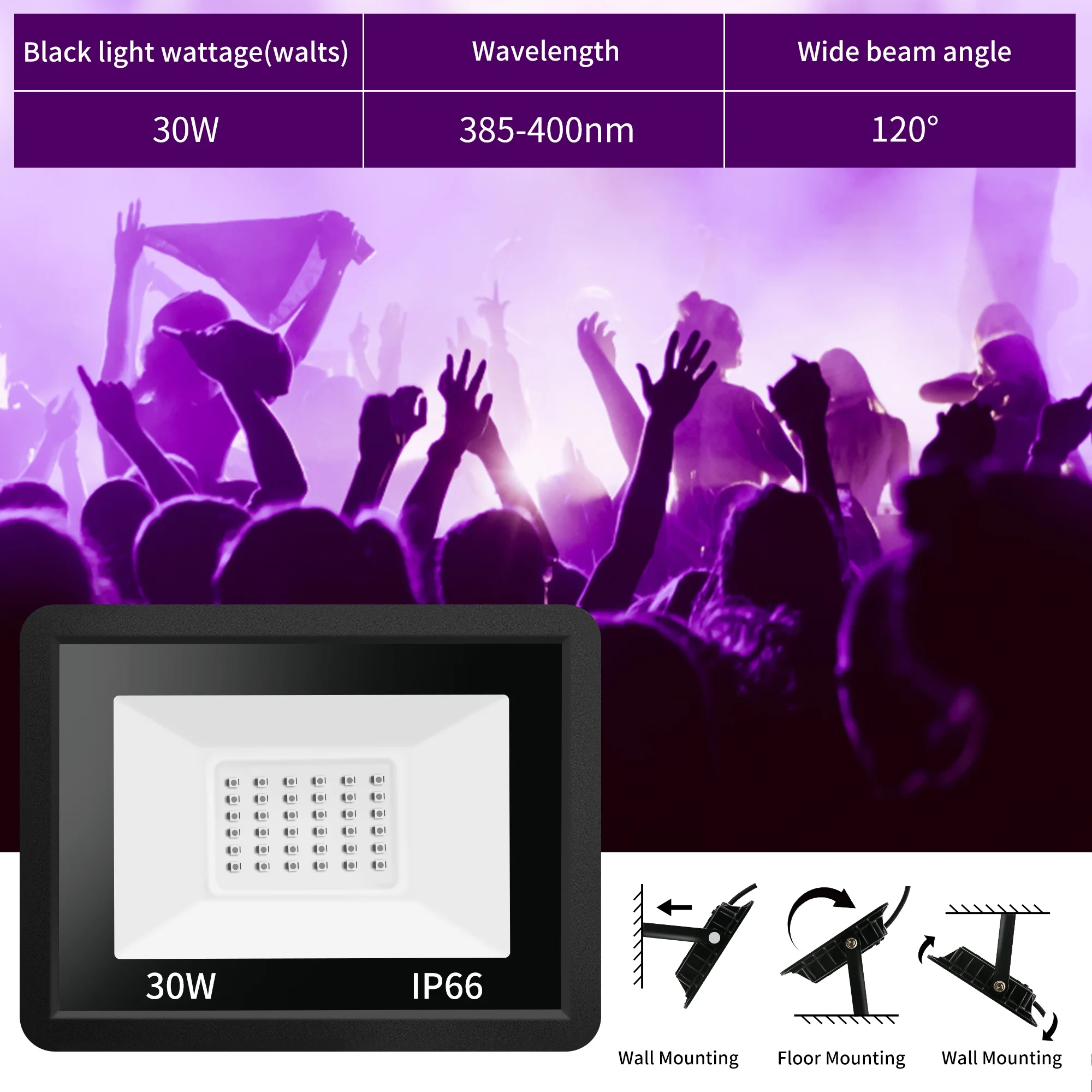 2 Pack 30W LED Black Lights, Blacklight Flood Light with Plug, IP66 Waterproof, for Major Holiday Party, Glow in The Dark, Stage Lighting, Aquarium, Body Paint, Fluorescent Poster, Neon Glow,Black