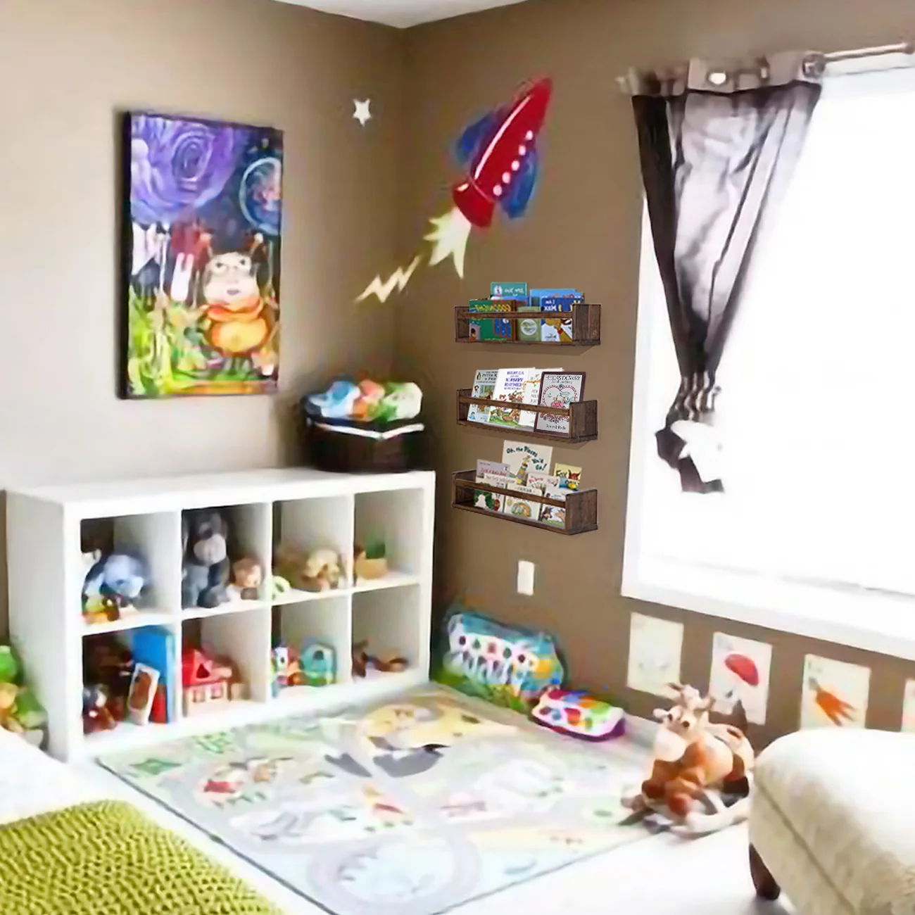 Nursery Room Shelves wood Nursery BookShelf Toddler Book Shelves Deep Walnut Wood Wall Shelves Toys Display Organizer Wall Storage Shelves for Room Decor,Spice Rack Organizer for Kitchen Set of 3