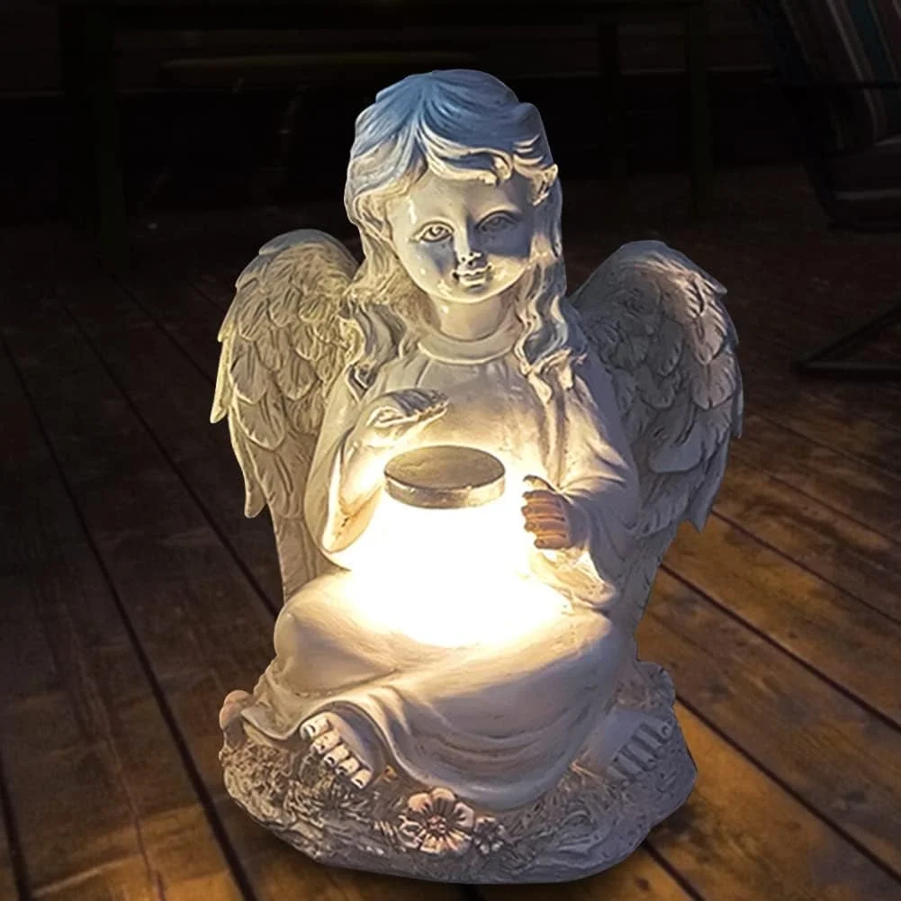 Resin Boy Angel Statue Garden Ornament Solar Lamp Angel Sitting Figurine Waterproof Home Decor for Courtyard Patio