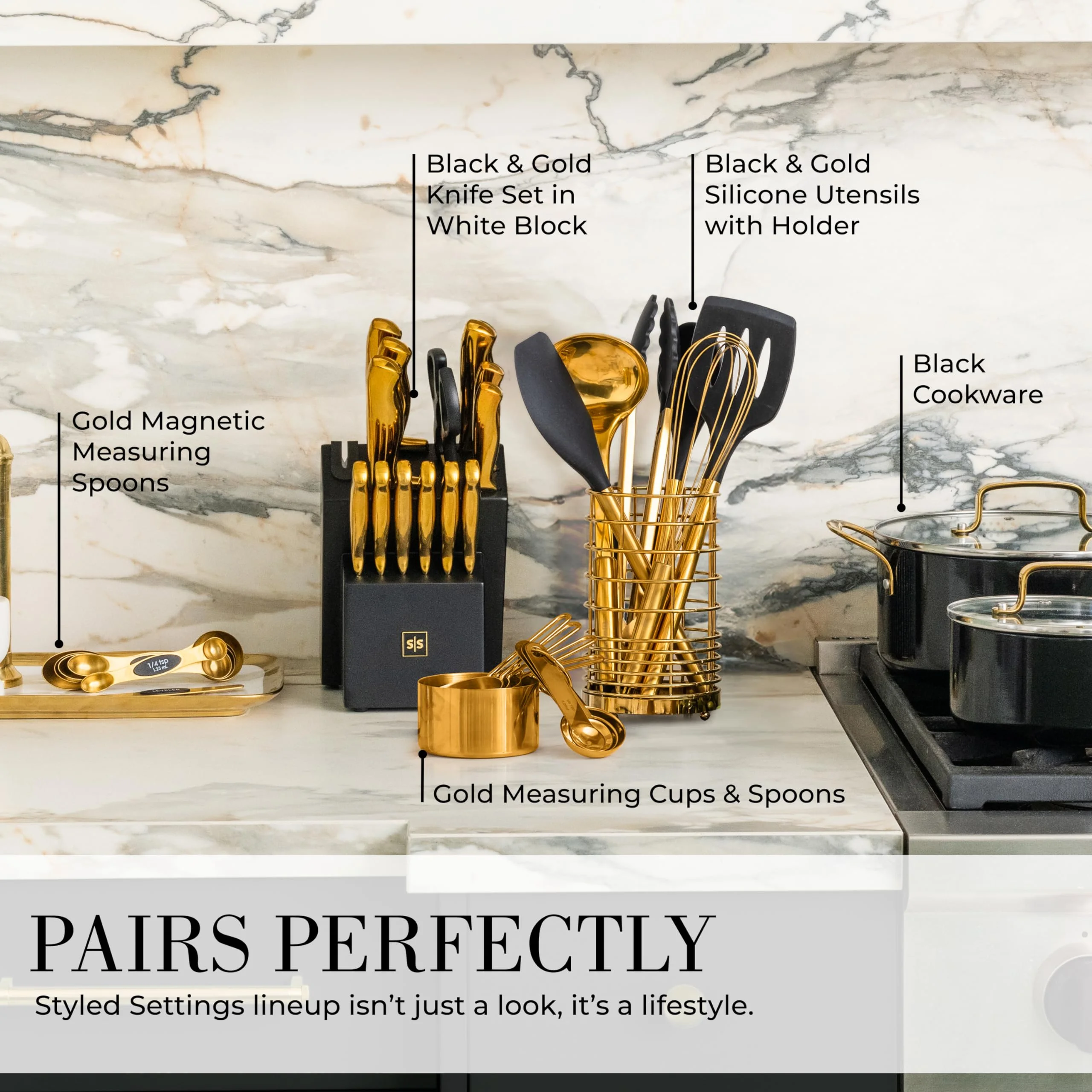 Styled Settings Black and Gold Kitchen Utensils Set - 15 Piece Gold Utensils Set Includes Non-Stick, BPA-Free, Black Silicone and Gold Cooking Utensils Set and Gold Measuring Cups and Spoons Set