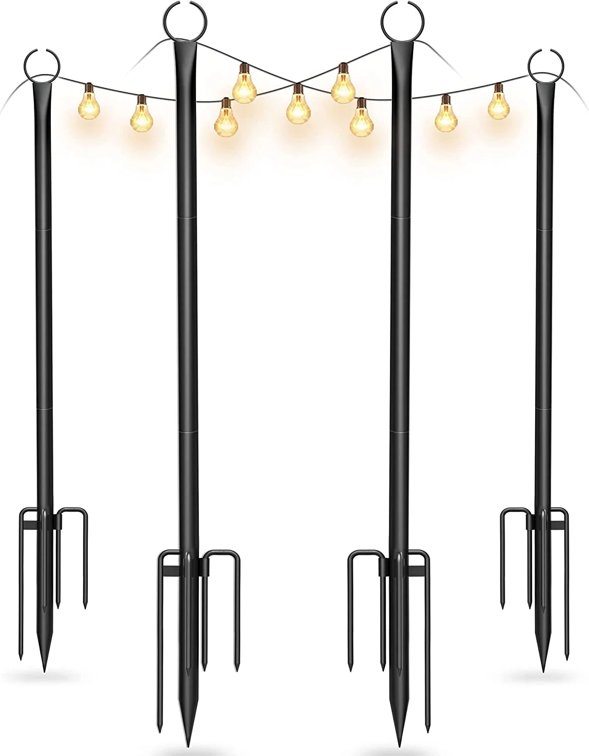 MINGFENG String Light Poles for Outside, 8.9ft Light Poles for Outdoor String Lights, 4 Pack Patio Poles with 5-Prong & Hooks for Garden, Backyard & Party, Wedding, Holidays