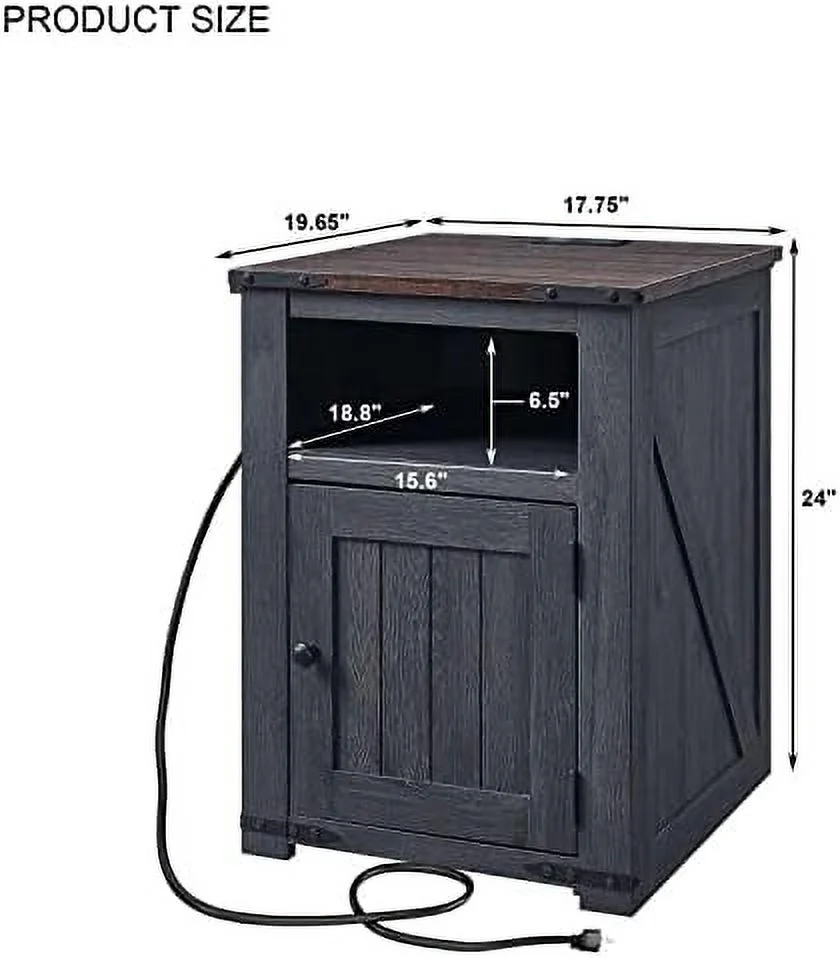 SJOINGB Nightstand with Charging Station  20" Farmhouse End Table w/Groove Barn Door  Rustic Wood Sofa Side Bedside Table w/Open & Adjustable Shlef for Bedroom  Living Room  Dark