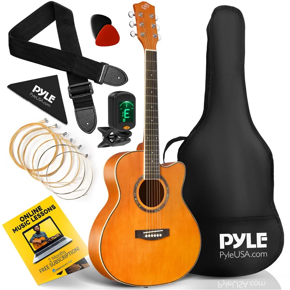 Pyle 6 String Acoustic Guitar Beginner Starter Kit Guitarra Acustica Bundle Pack with Cutaway Body, Orange