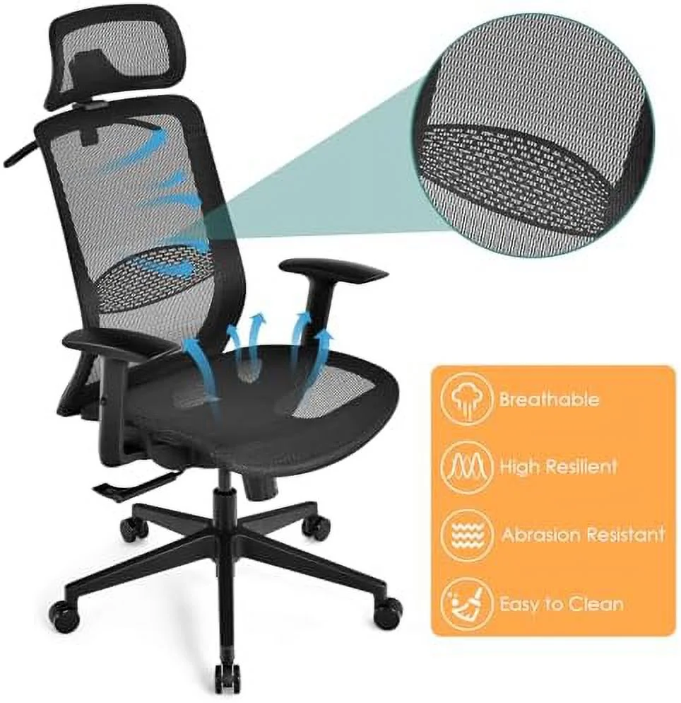 TQJKLFDY Ergonomic Office Chair - High-Back Computer Desk Mesh Chair with Clothing Hanger - Executive Swivel Task Chair with Adjustable Arms and Head  (Gray)