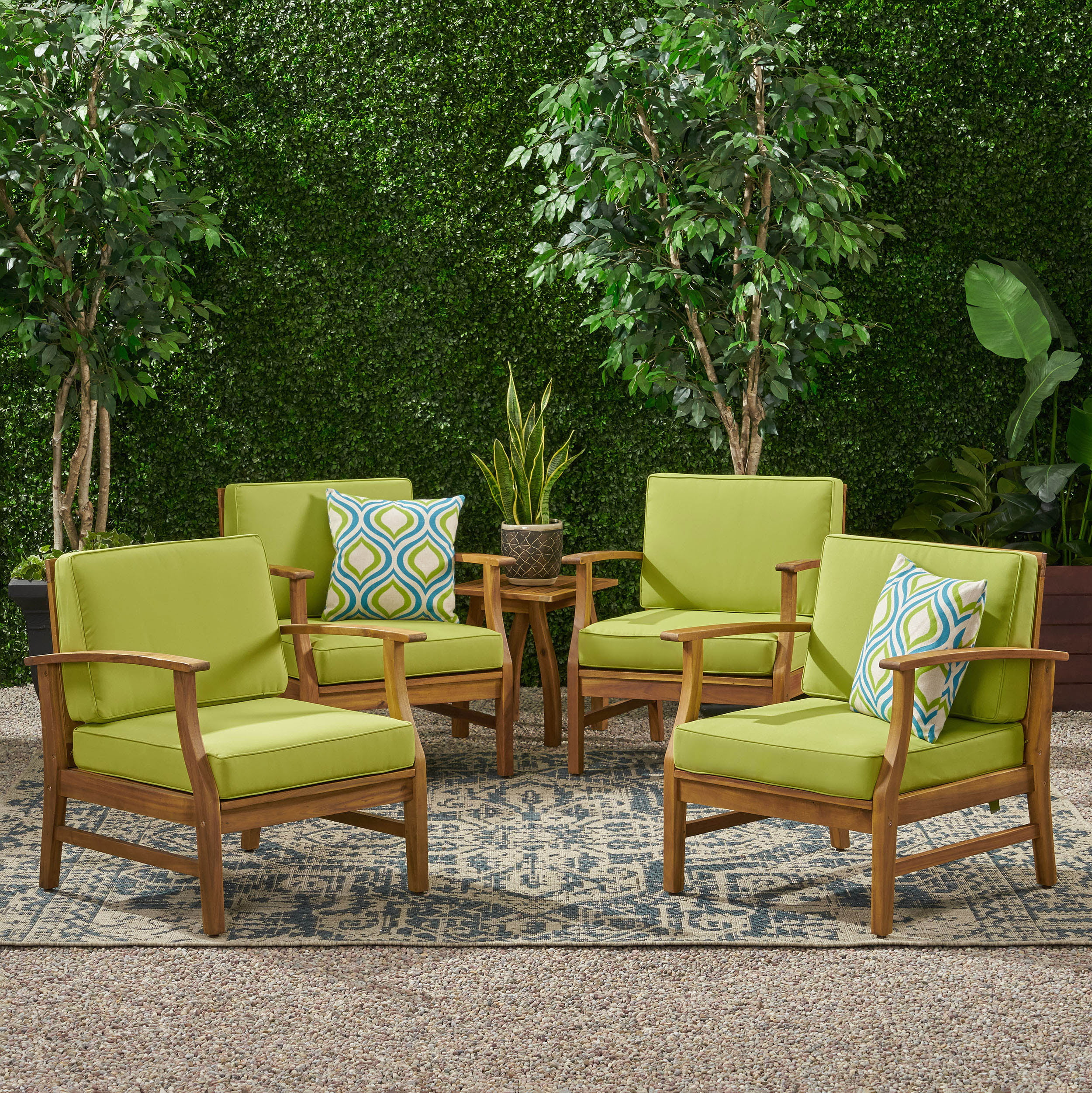 GDF Studio Abena Outdoor Acacia Wood Club Chairs with Cushions, Set of 4, Teak and Green