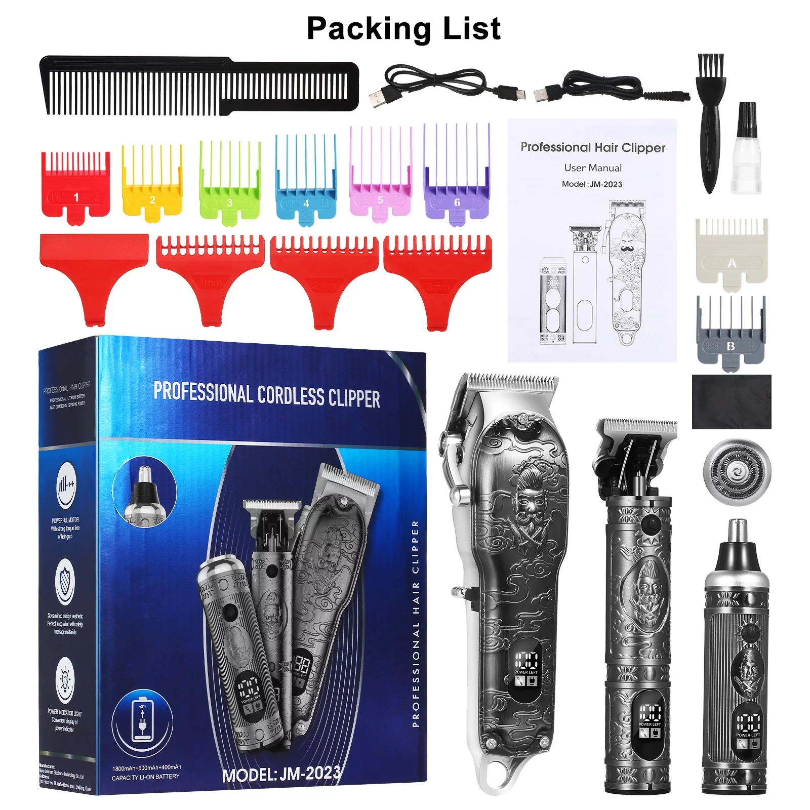 Bestauty 3 in 1 Full Metal Oil Head Hair Clippers Digital Display Electric Hair Trimmer Sculpting Pusher Nose Hair Set
