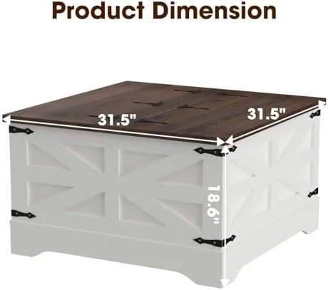 TQJKLFDY 31.5" Farmhouse Coffee Table  Square Wood Center Coffee Table with Hidden  for Living Room  Rustic Cocktail Coffee Table with Hinged Lift Top for Home (White +Rustic Brown)