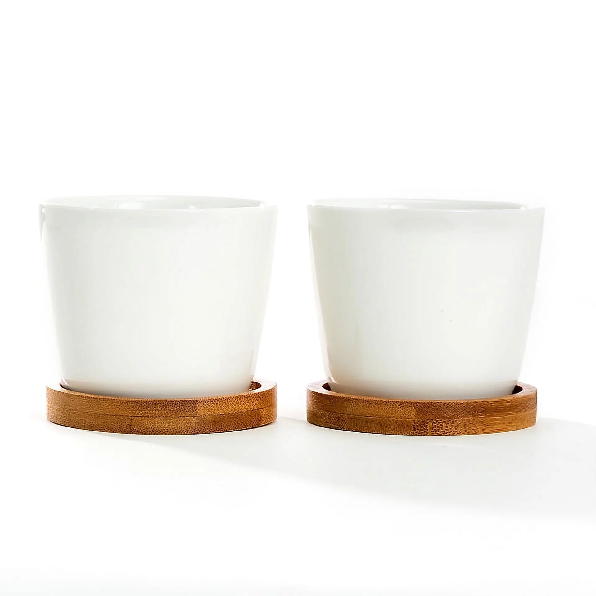 K-Cliffs White Modern Oval Ceramic Succulent  Pots with Bamboo Tray, Set of 2, 3.5Dia x 3H inches, Pot- 3.5Dia x 2.6H inches, Saucer- 3.5Dia x 0.5H inches