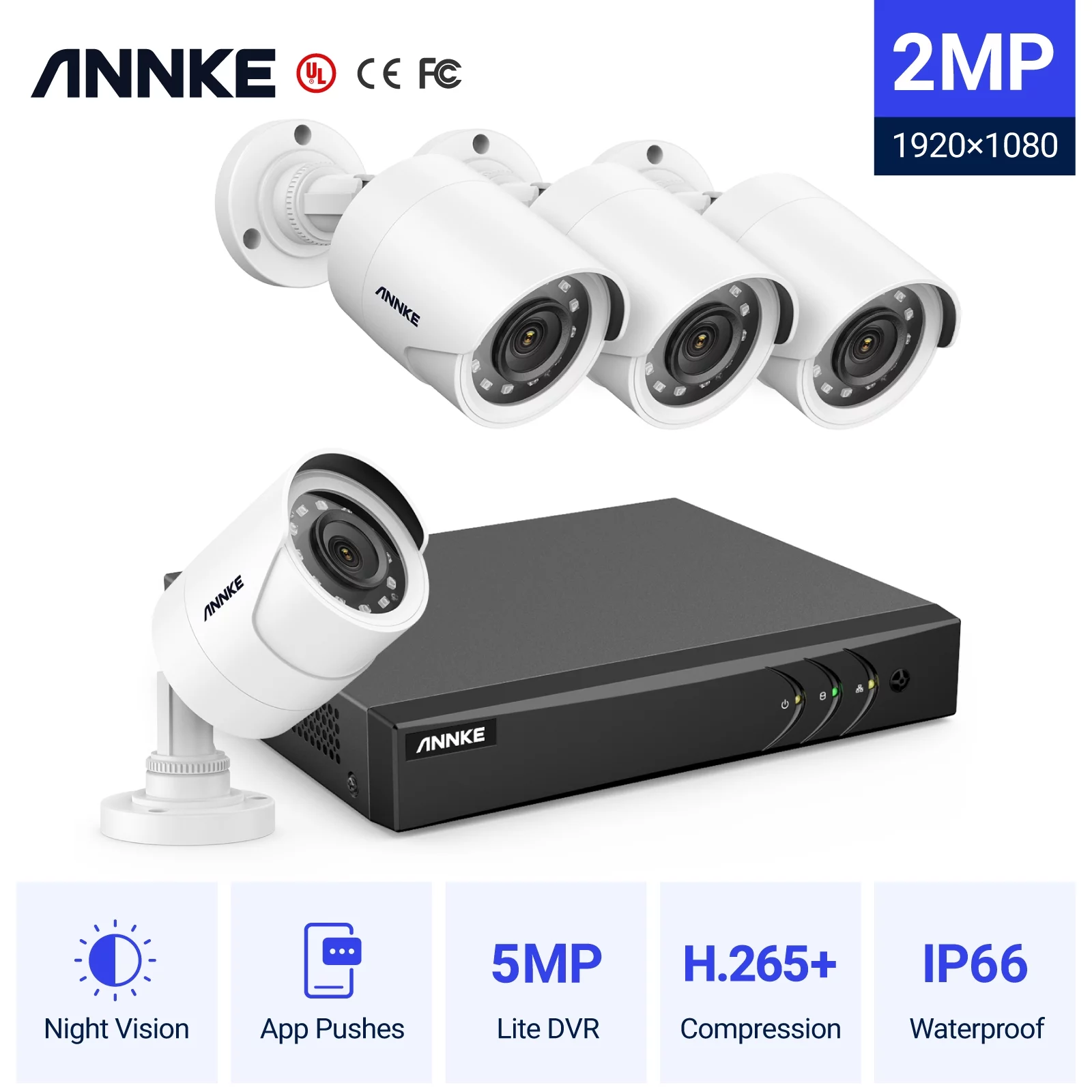 ANNKE 8CH 1080P Outdoor CCTV Video Home Security 4PCS White Bullet Weatherproof Camera System Surveillance Kits with No Hard Drive Disk
