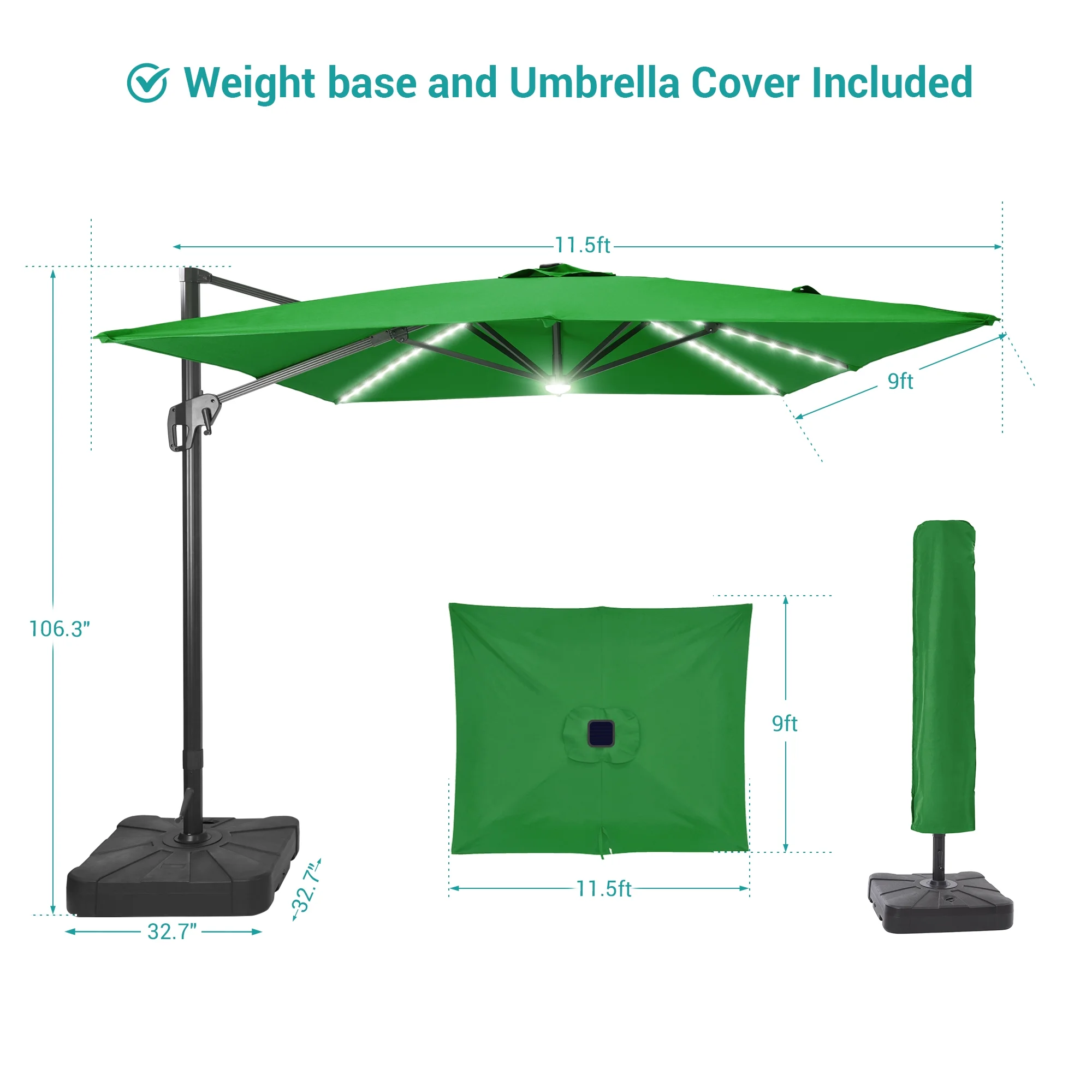FLAME&SHADE 11.5×9FT LED Cantilever Patio Umbrella – Ultimate Outdoor Comfort with 360° Rotation and Infinite Canopy Angle Adjustment,Green