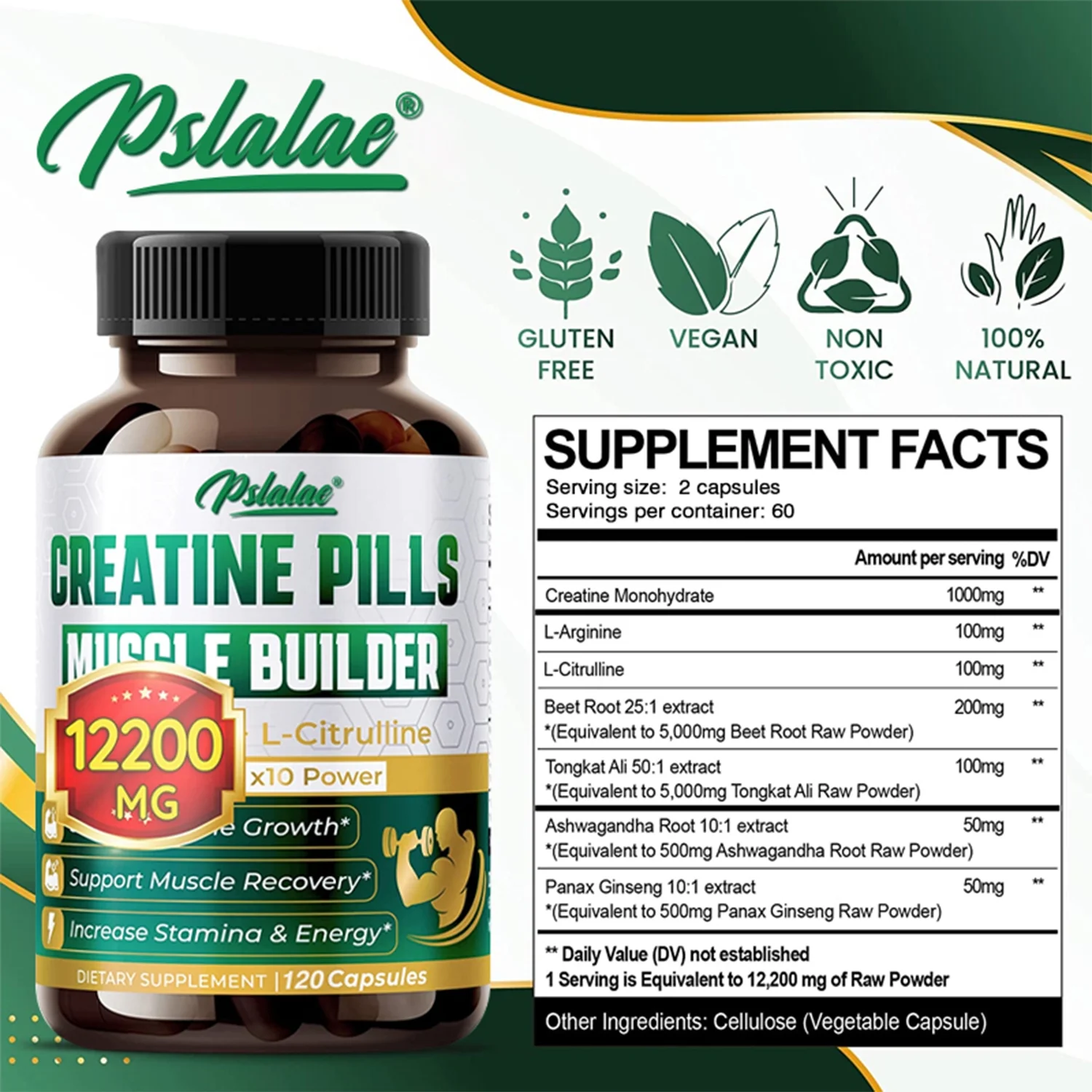 Pslalae Creatine Monohydrate - Energy & Endurance, Muscle Health, Testosterone Booster(30/60/120pcs)