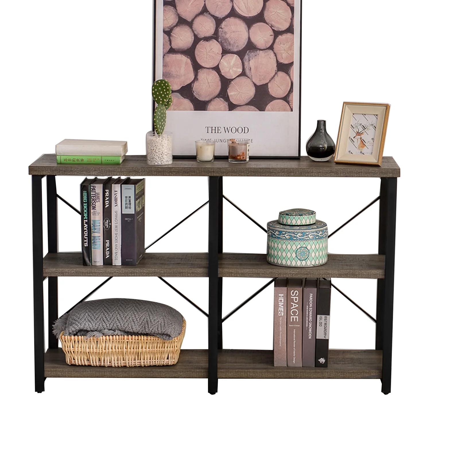 GRELO HOME Console Table for Entryway, 3-Tier Industrial Sofa Table, 39 Inch Gray Oak