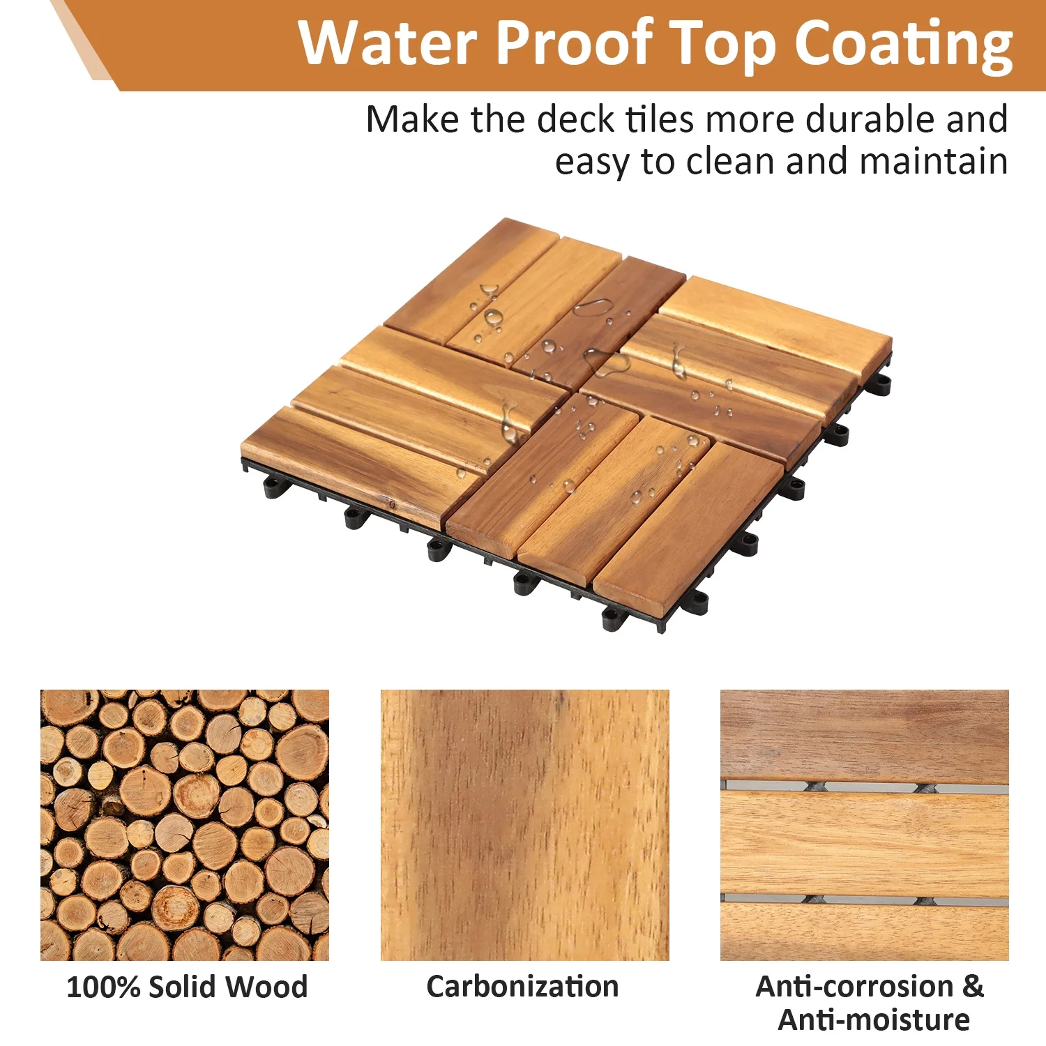 Wood Deck Tiles, 12''x12''(10pcs) Interlocking Acacia Deck Tiles for Garden Porch Indoor Outdoor, Solid Wood Flooring Tiles